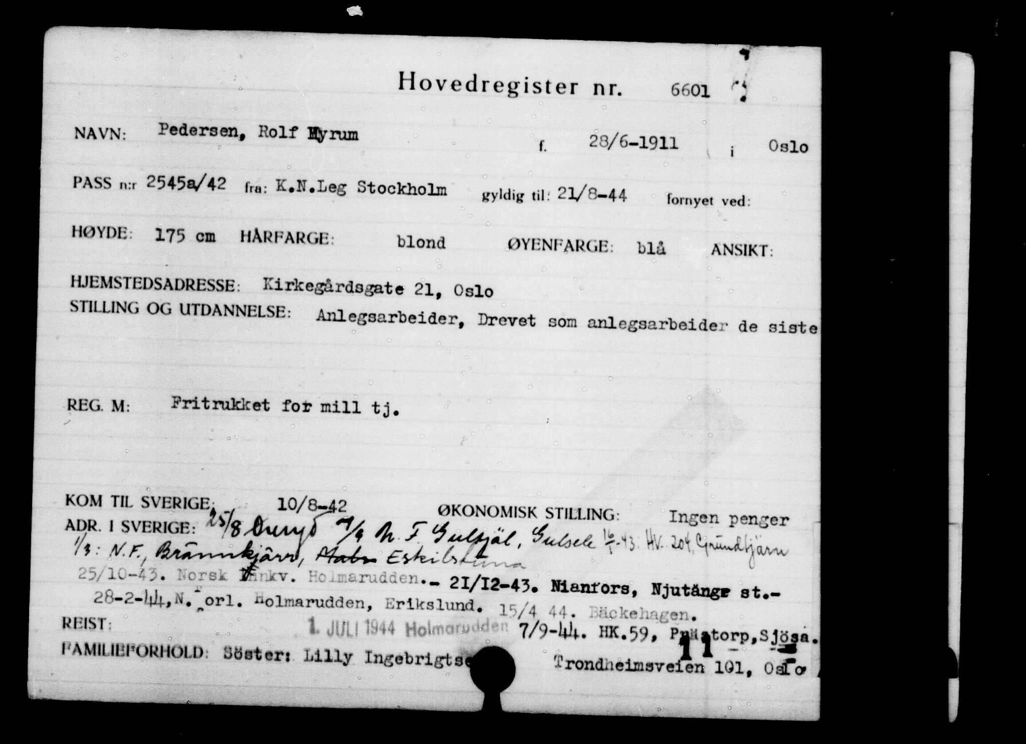Utenriksstasjonene, Legasjonen i Stockholm, Flyktningkontoret, AV/RA-S-6753/V/Va/L0005: Kjesäterkartoteket, flyktninger med registreringsnr. 6600-9417, 1940-1945, p. 3