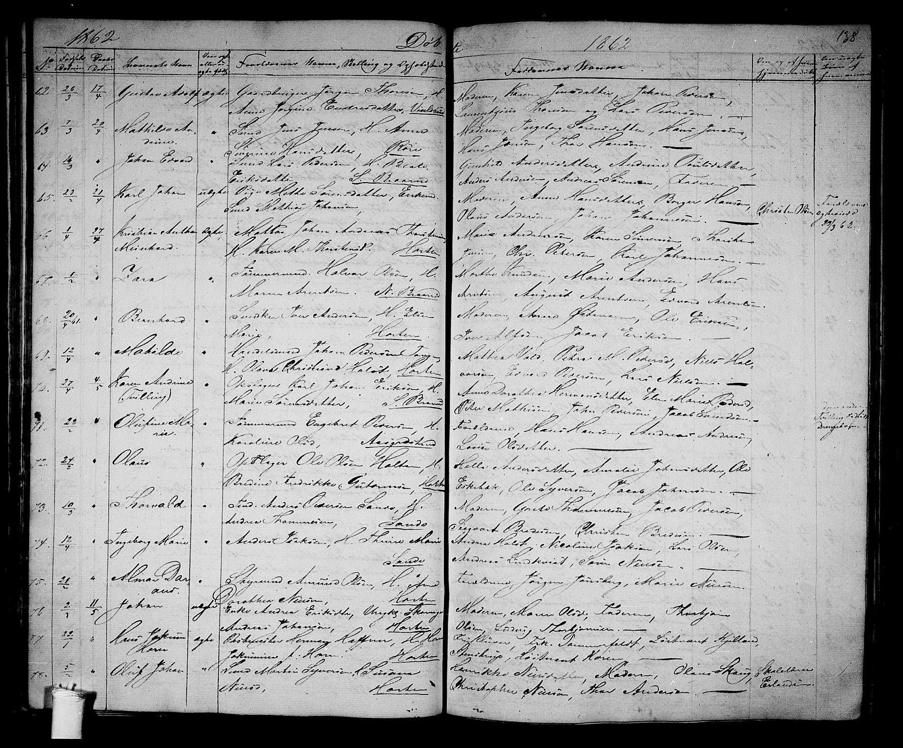 Borre kirkebøker, AV/SAKO-A-338/G/Ga/L0002: Parish register (copy) no. I 2, 1852-1871, p. 138