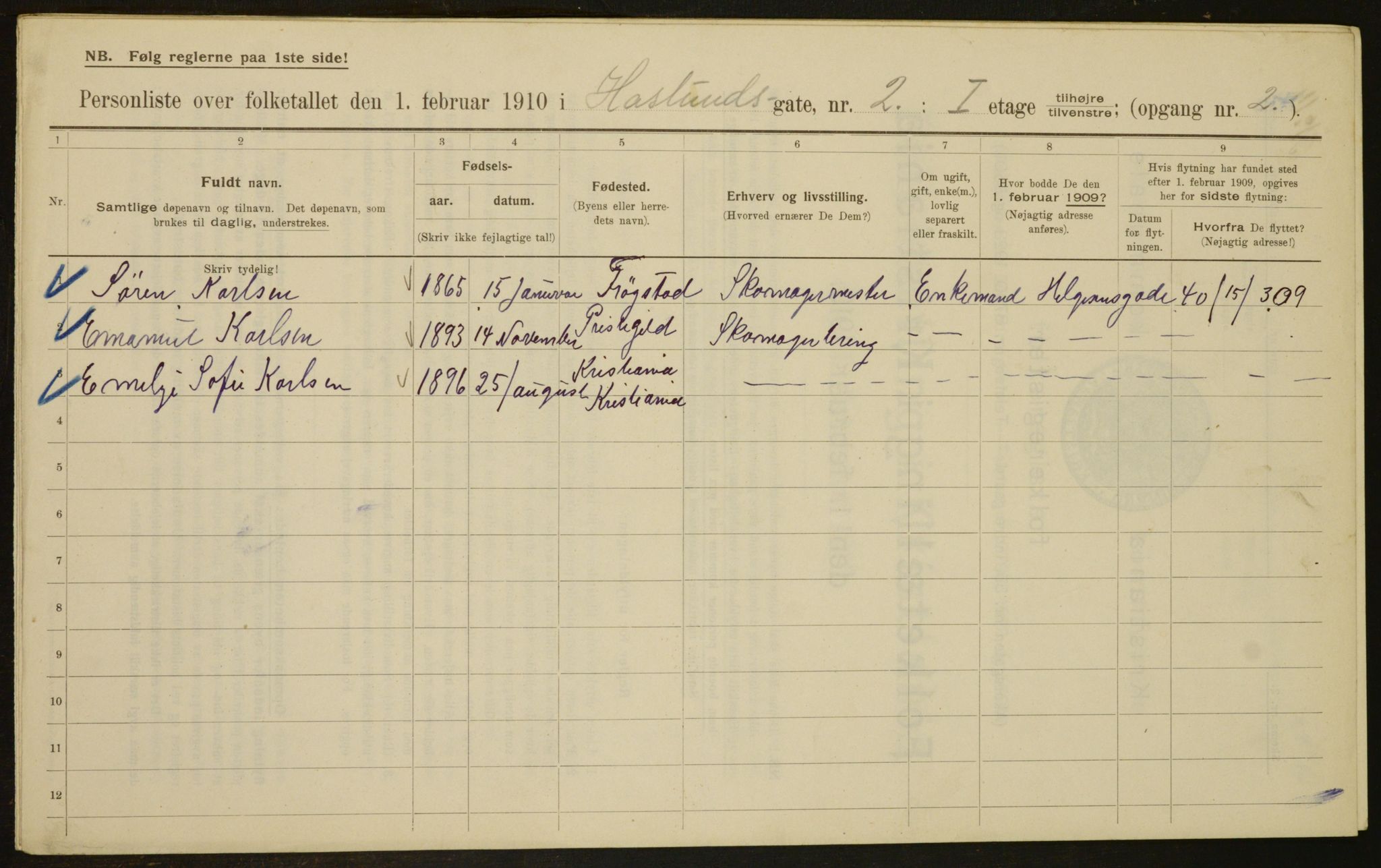 OBA, Municipal Census 1910 for Kristiania, 1910, p. 33113