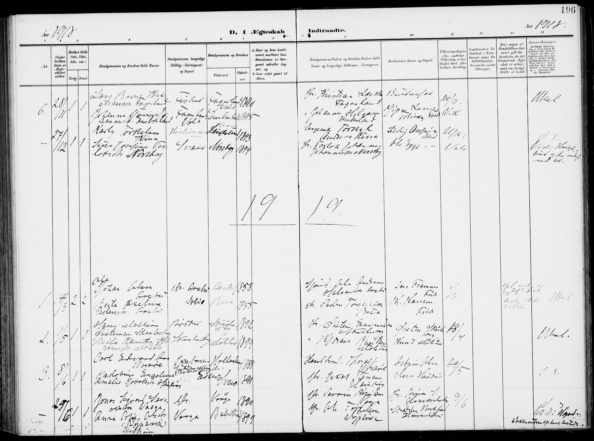 Sveio Sokneprestembete, SAB/A-78501/H/Haa: Parish register (official) no. B  4, 1906-1919, p. 196