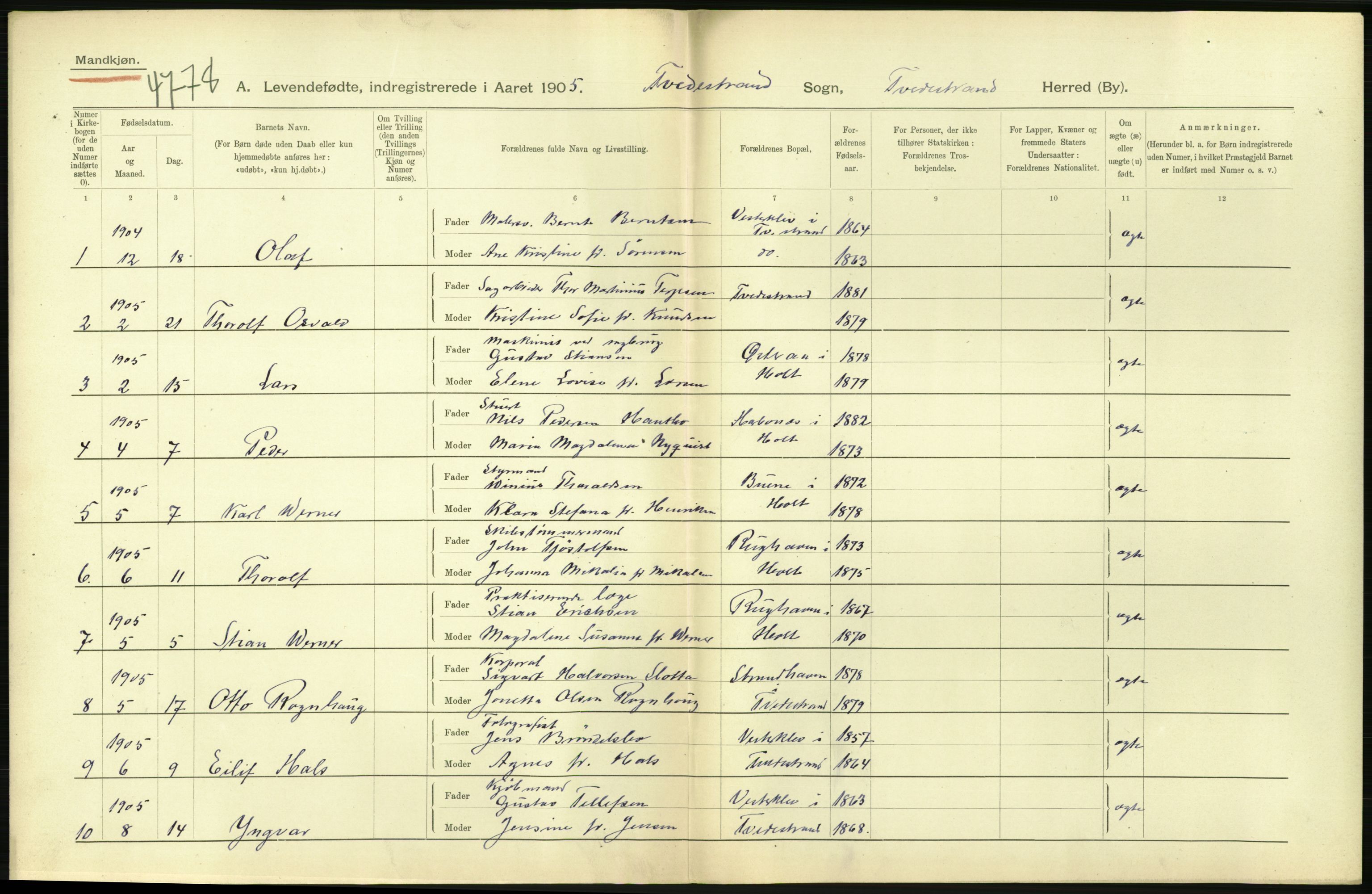 Statistisk sentralbyrå, Sosiodemografiske emner, Befolkning, RA/S-2228/D/Df/Dfa/Dfac/L0043: Bratsberg - Lister og Mandals amt: Levendefødte menn og kvinner, gifte, døde, dødfødte. Byer., 1905, p. 334