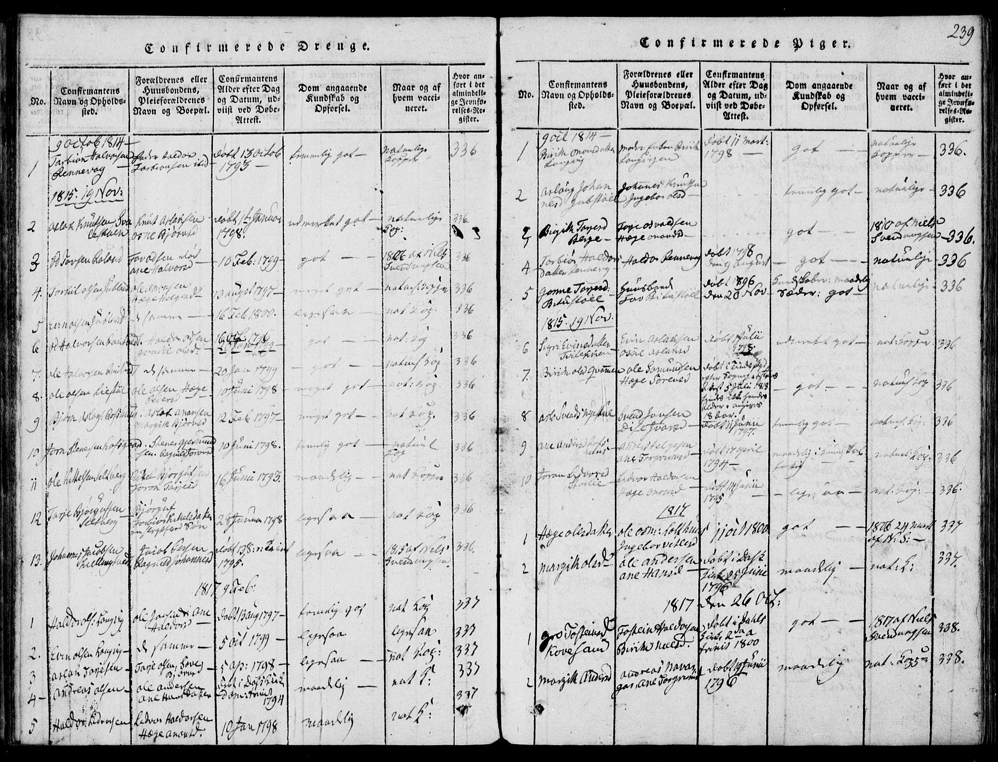Rauland kirkebøker, SAKO/A-292/G/Ga/L0001: Parish register (copy) no. I 1, 1814-1843, p. 239