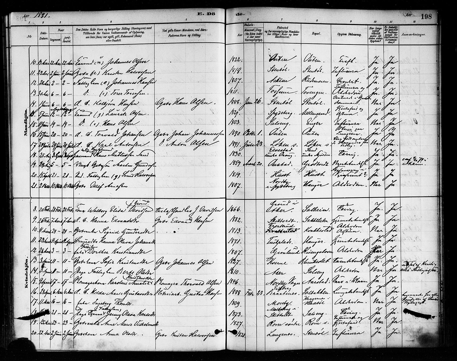 Askim prestekontor Kirkebøker, AV/SAO-A-10900/F/Fa/L0007: Parish register (official) no. 7, 1882-1897, p. 198