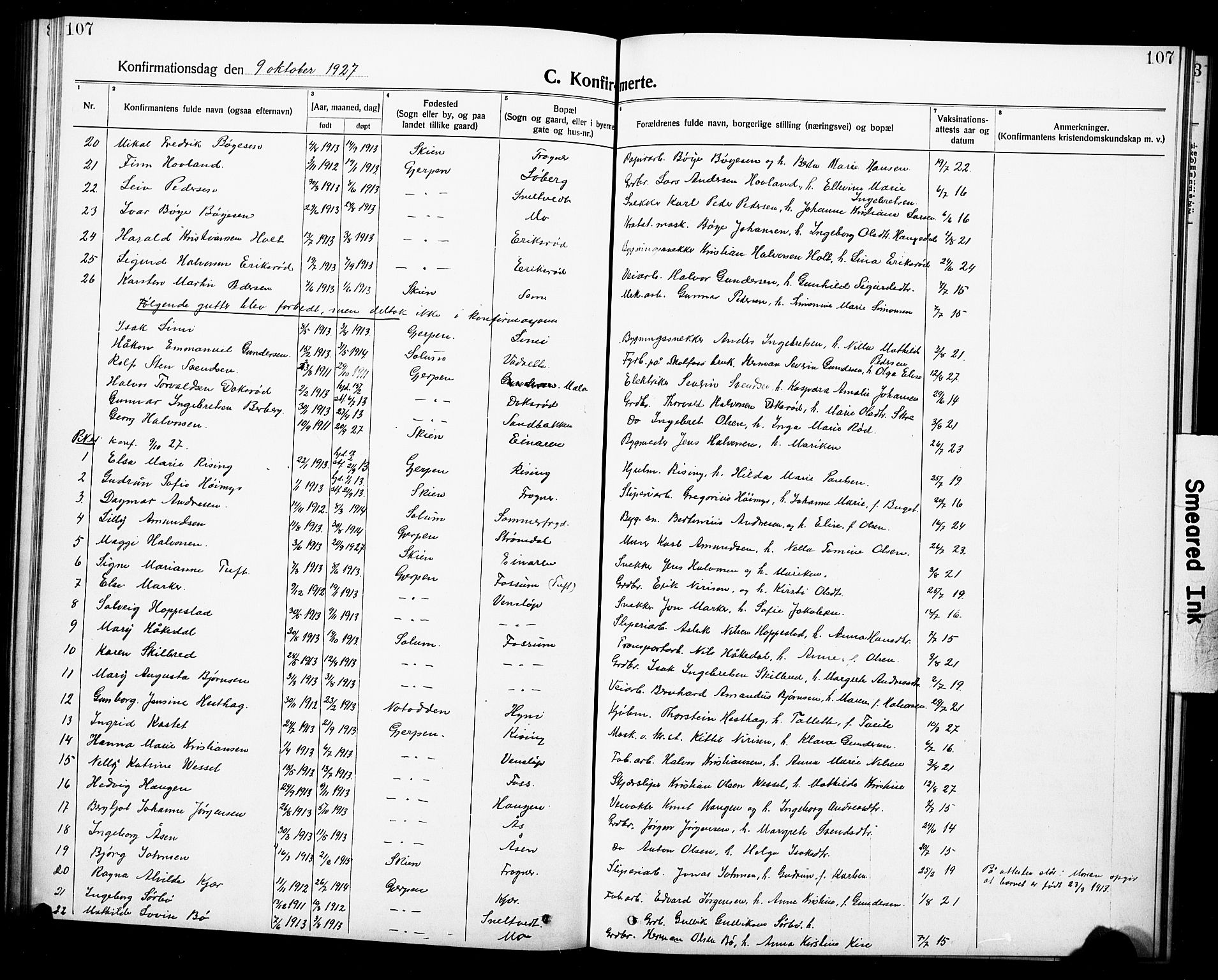 Gjerpen kirkebøker, SAKO/A-265/G/Ga/L0004: Parish register (copy) no. I 4, 1920-1931, p. 107