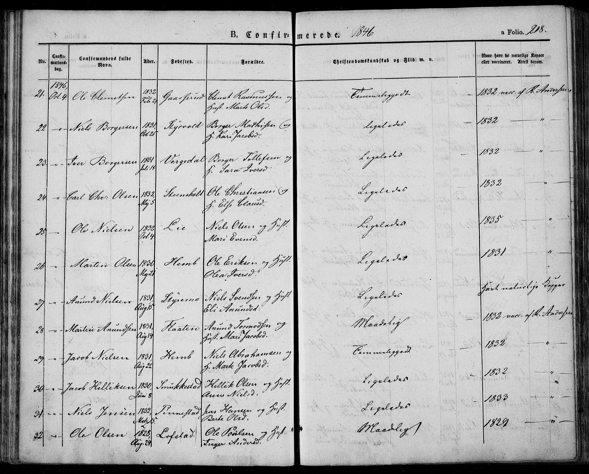 Lardal kirkebøker, SAKO/A-350/F/Fa/L0006: Parish register (official) no. I 6, 1835-1860, p. 218