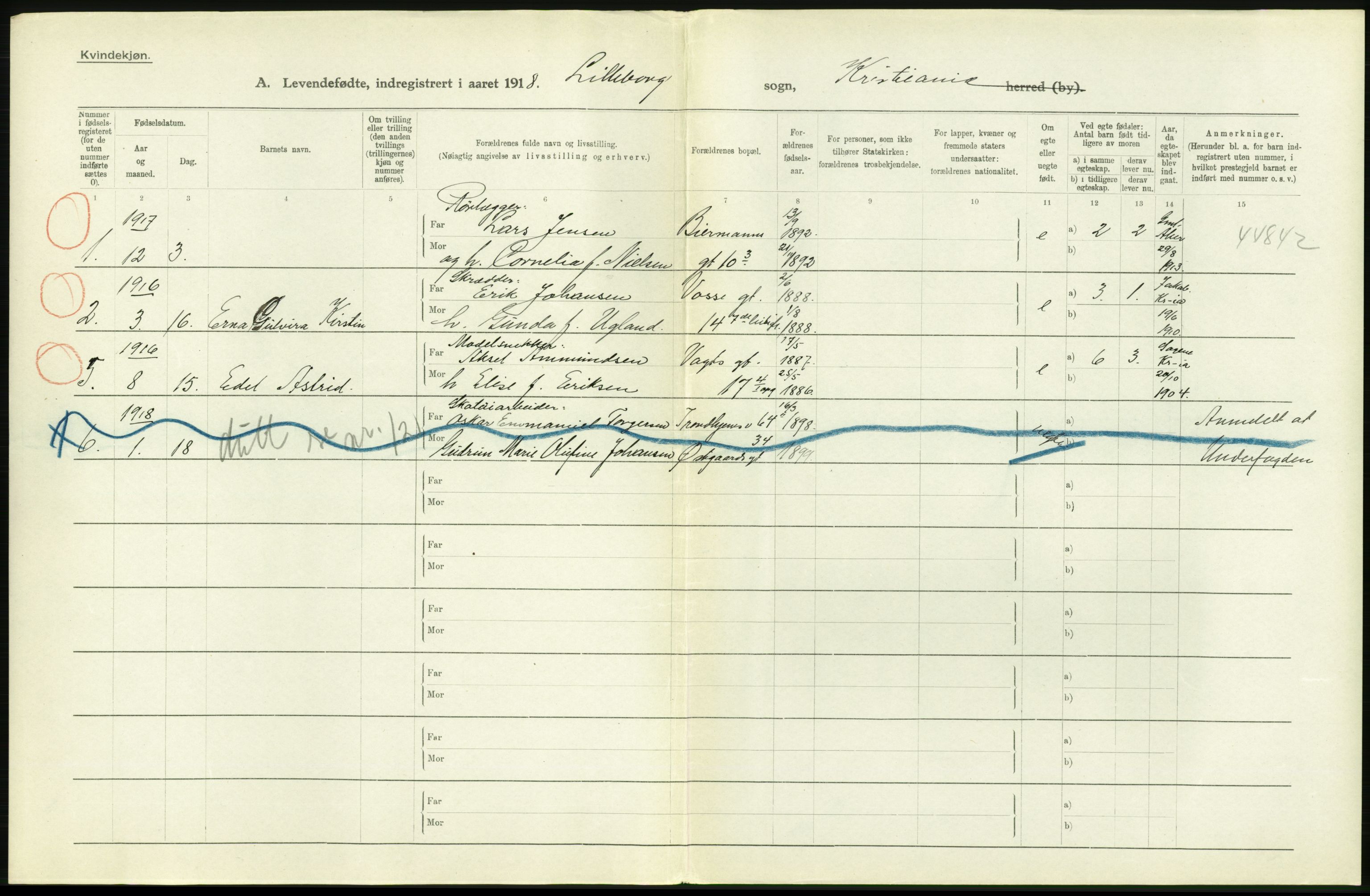 Statistisk sentralbyrå, Sosiodemografiske emner, Befolkning, RA/S-2228/D/Df/Dfb/Dfbh/L0007: Kristiania: Levendefødte menn og kvinner., 1918, p. 508