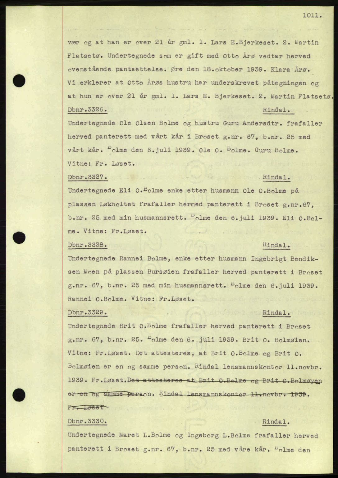 Nordmøre sorenskriveri, AV/SAT-A-4132/1/2/2Ca: Mortgage book no. C80, 1936-1939, Diary no: : 3326/1939