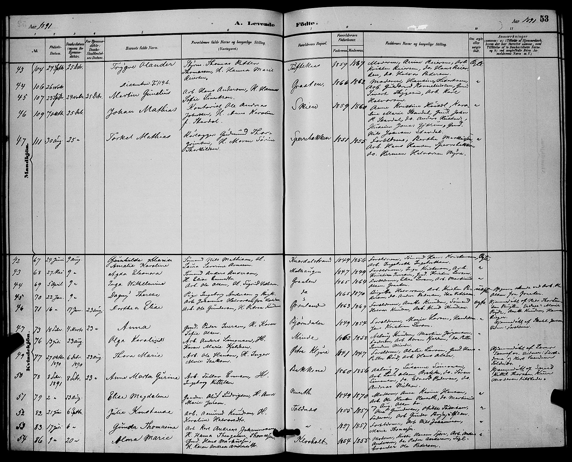 Solum kirkebøker, AV/SAKO-A-306/G/Ga/L0007: Parish register (copy) no. I 7, 1884-1898, p. 53