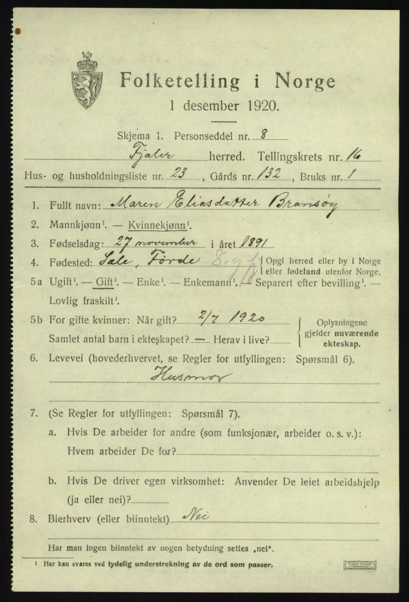 SAB, 1920 census for Fjaler, 1920, p. 8691