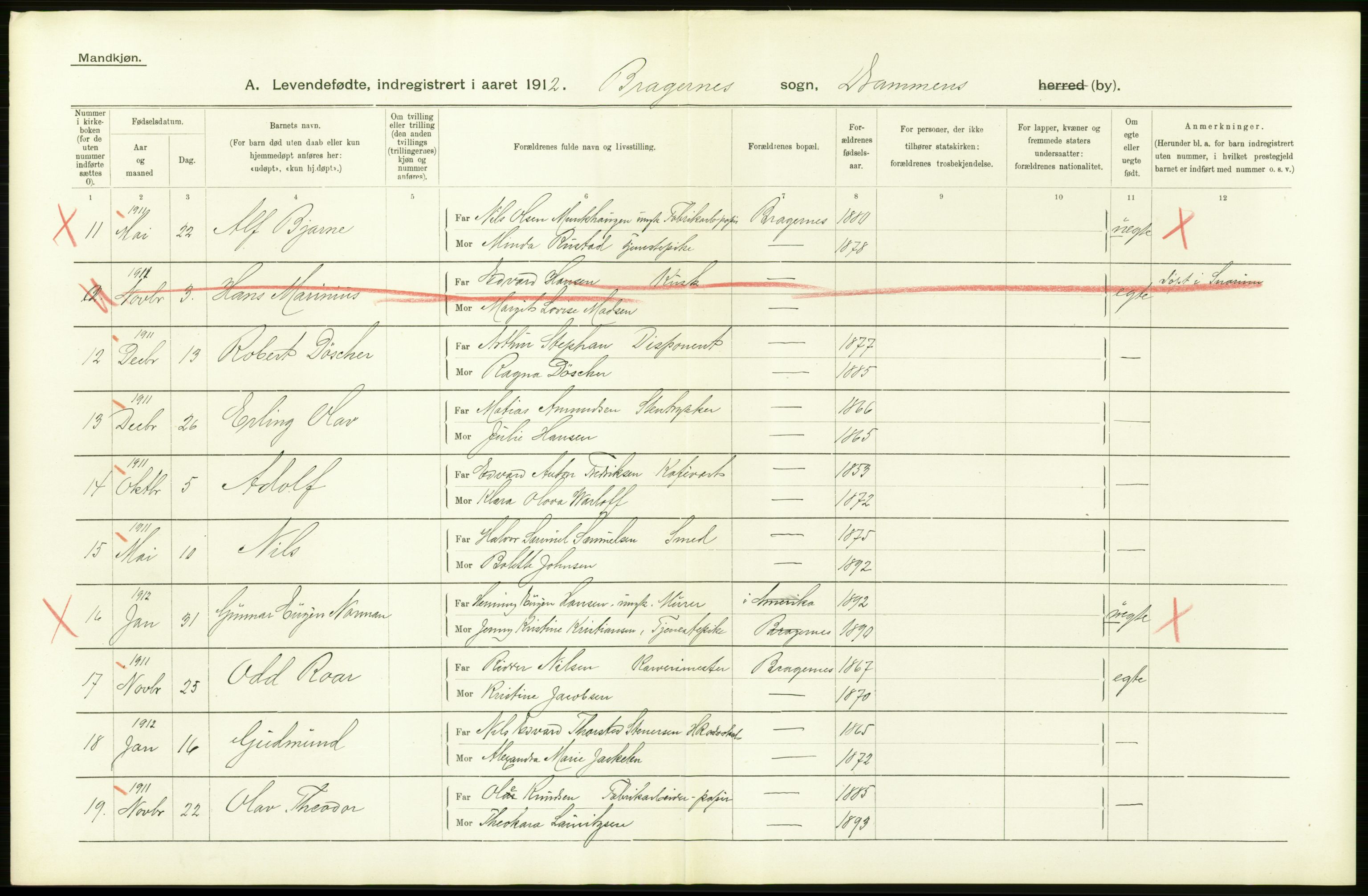 Statistisk sentralbyrå, Sosiodemografiske emner, Befolkning, AV/RA-S-2228/D/Df/Dfb/Dfbb/L0016: Buskeruds amt: Levendefødte menn og kvinner. Byer samt gifte, dødfødte. Bygder og byer., 1912, p. 454