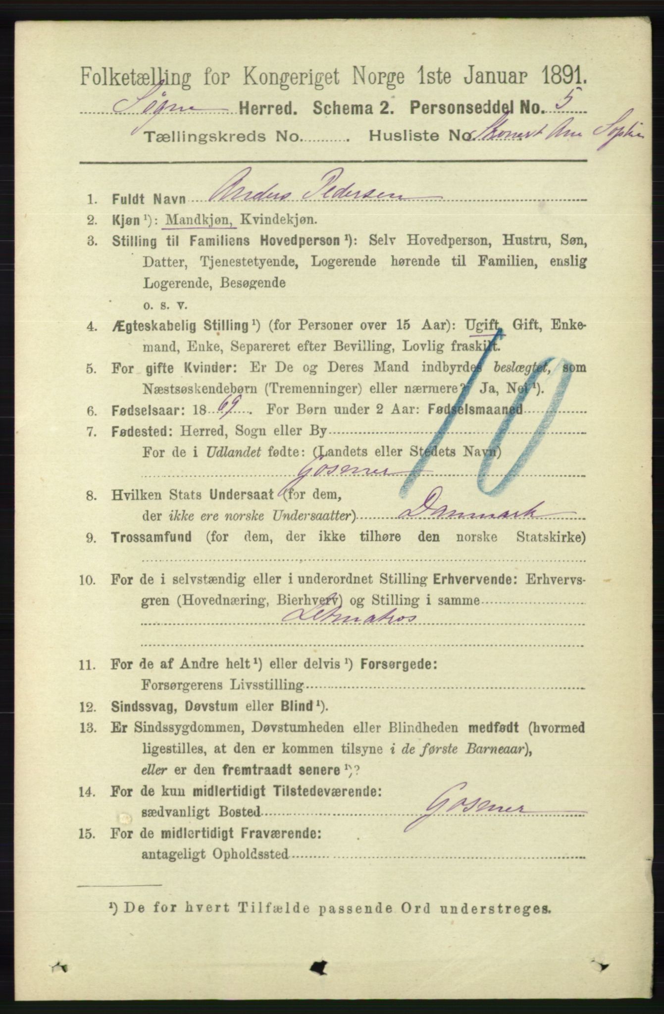 RA, 1891 census for 1018 Søgne, 1891, p. 4874