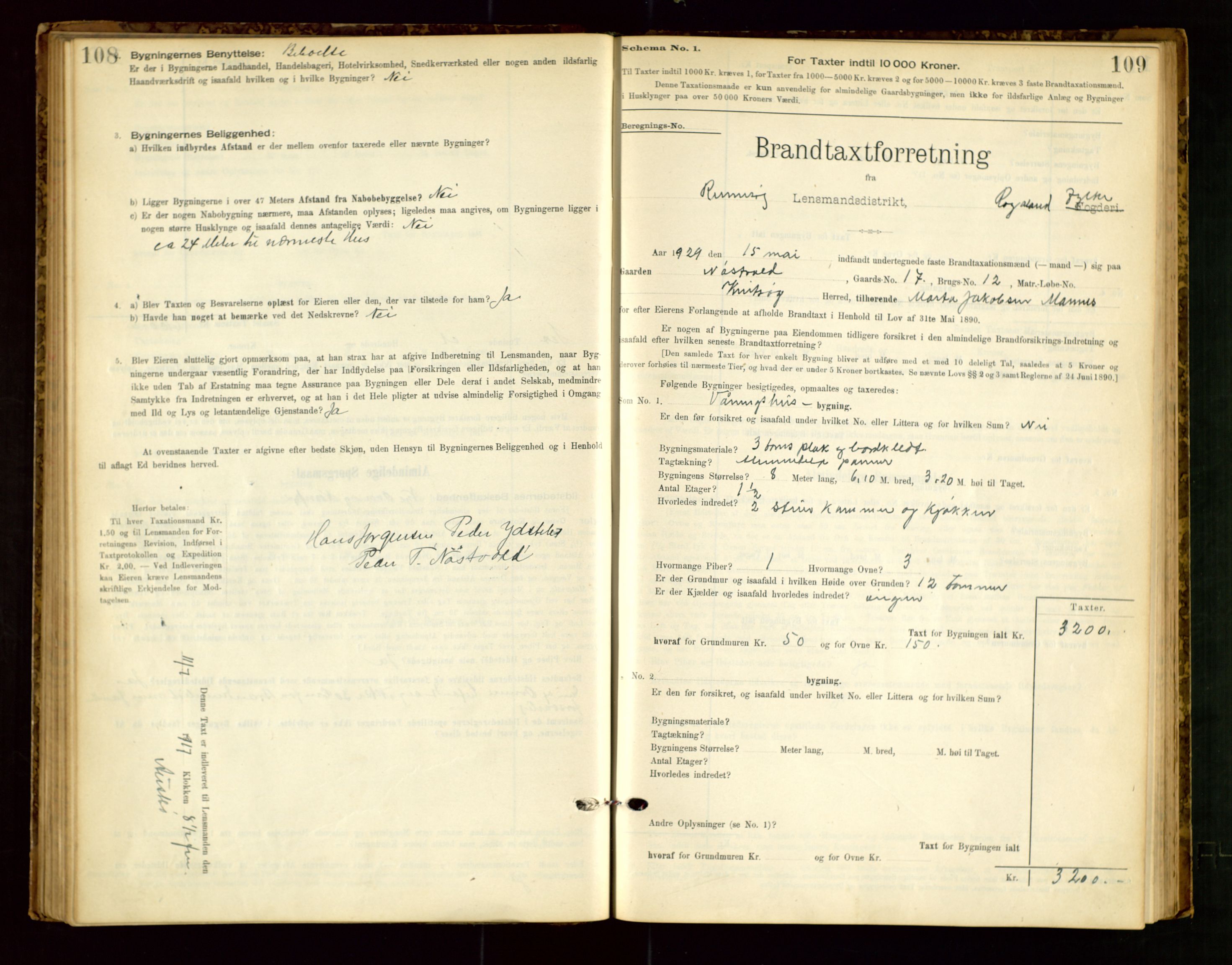 Rennesøy lensmannskontor, AV/SAST-A-100165/Gob/L0001: Branntakstprotokoll - skjematakst, 1900-1956, p. 108-109