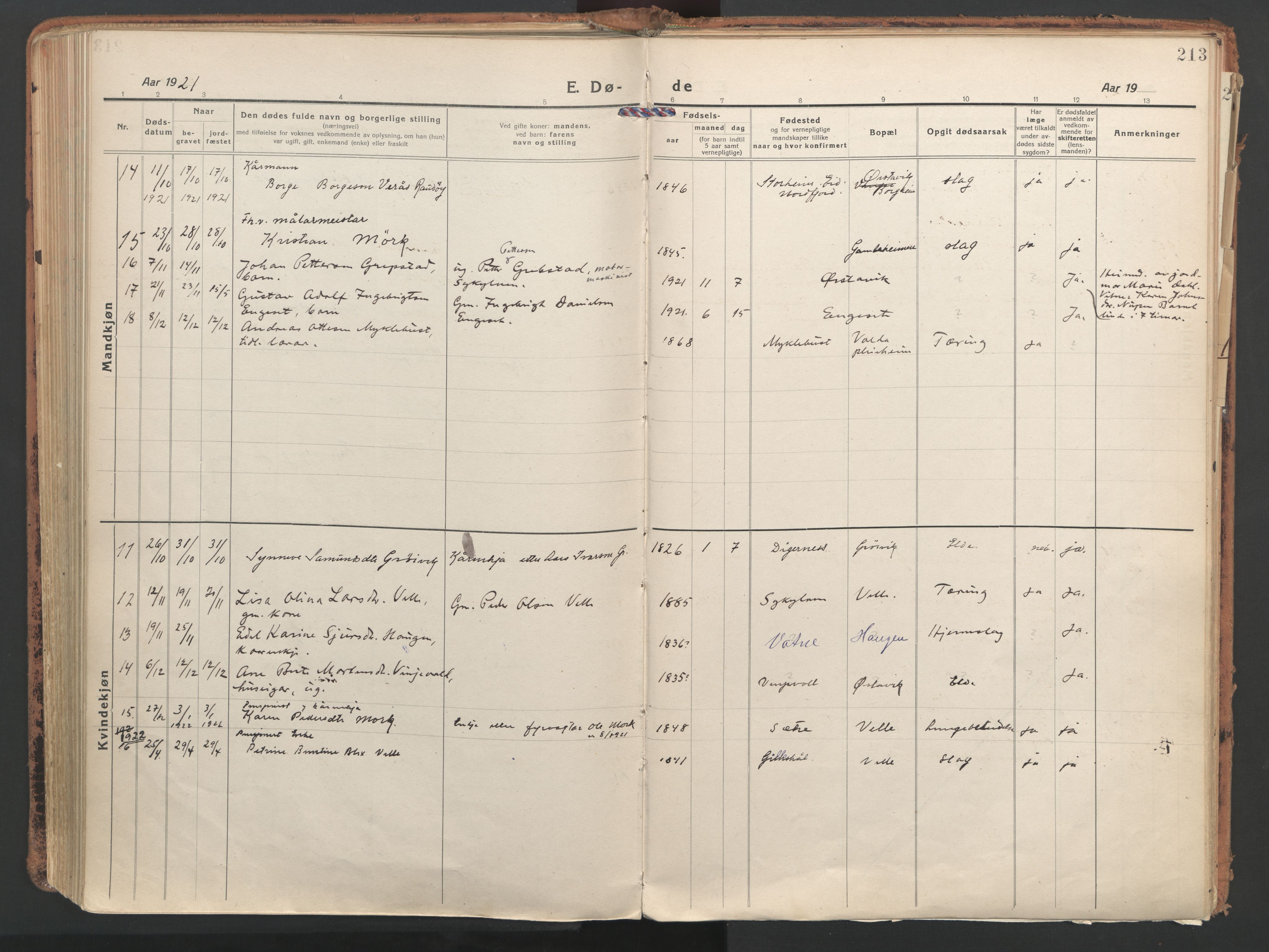 Ministerialprotokoller, klokkerbøker og fødselsregistre - Møre og Romsdal, SAT/A-1454/513/L0180: Parish register (official) no. 513A07, 1919-1929, p. 213