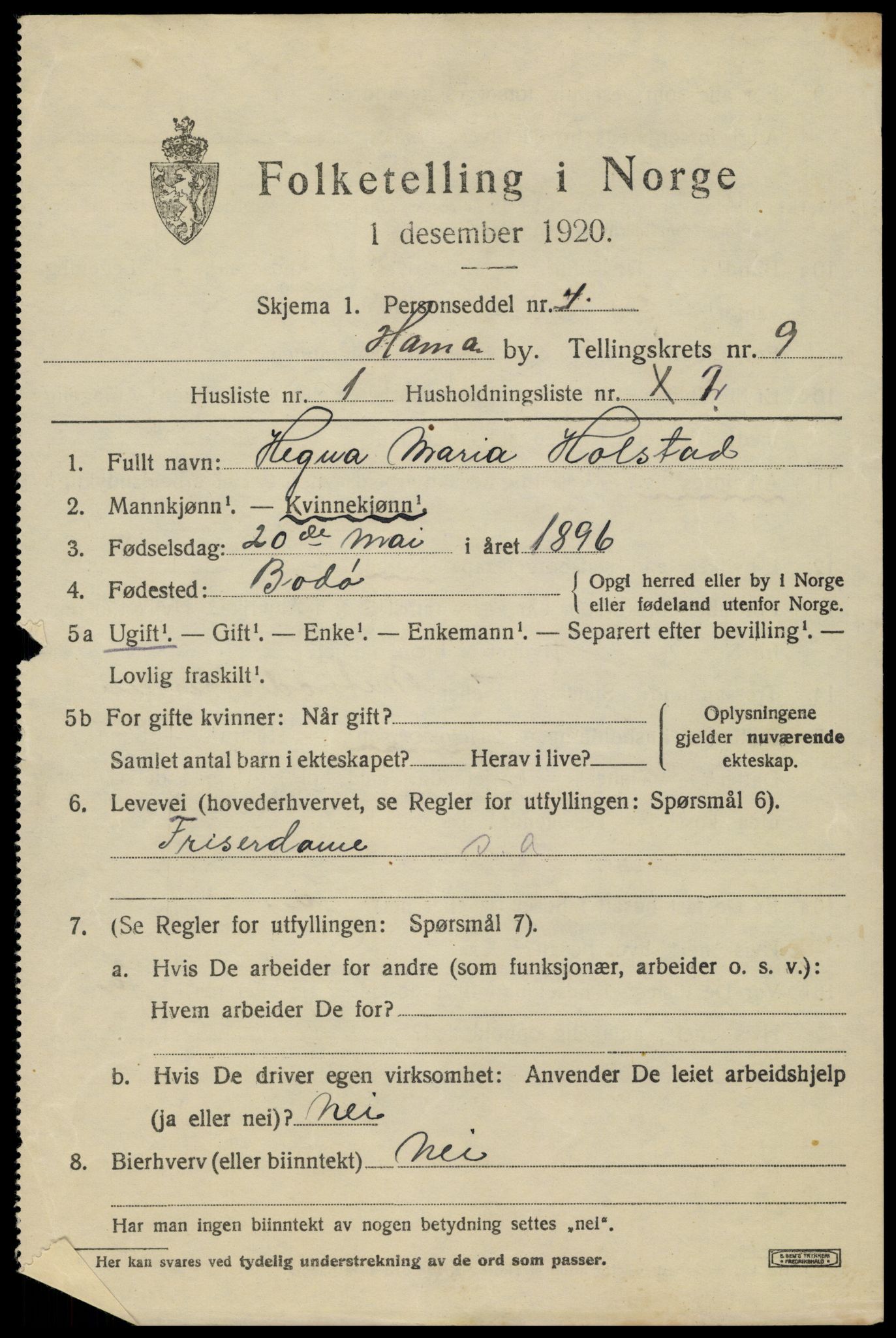 SAH, 1920 census for Hamar, 1920, p. 16095