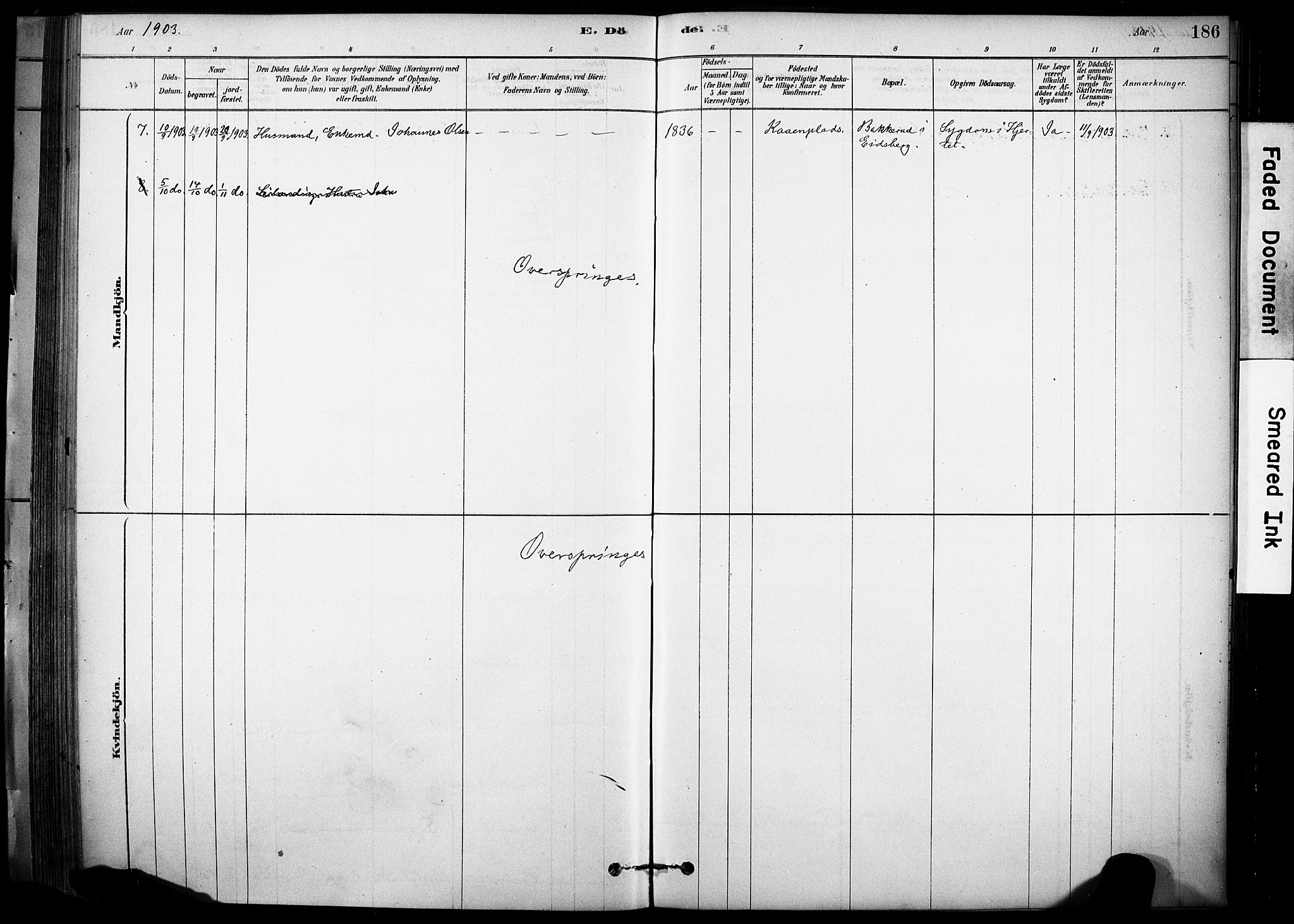 Rakkestad prestekontor Kirkebøker, AV/SAO-A-2008/F/Fc/L0001: Parish register (official) no. III 1, 1878-1905, p. 186