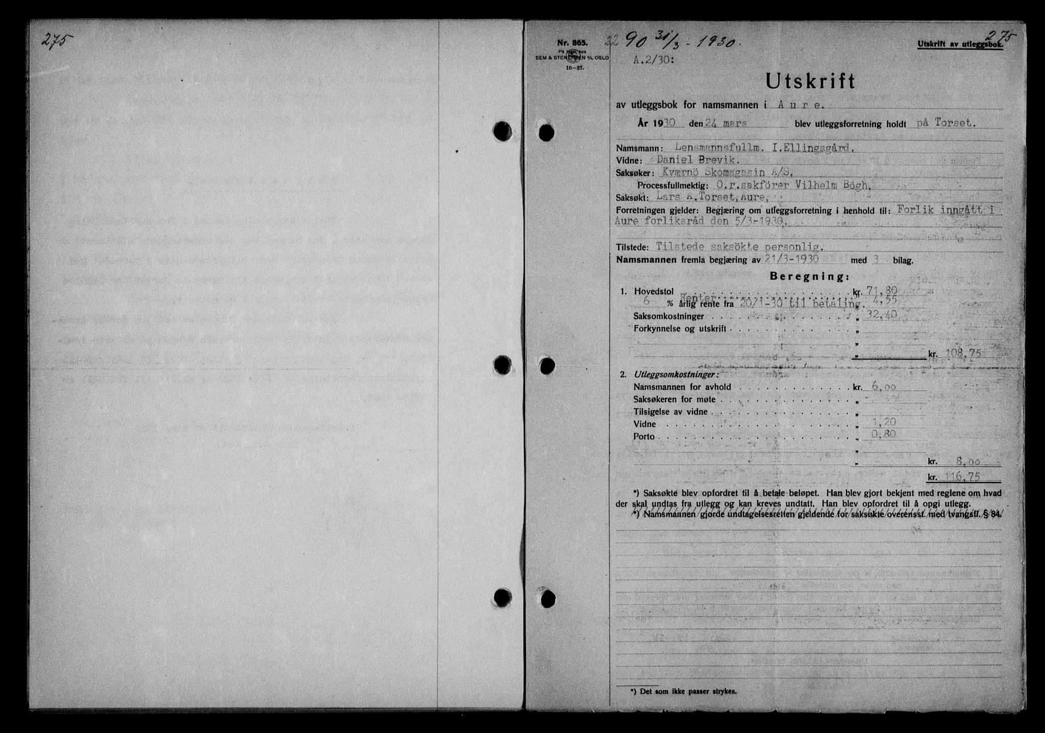 Nordmøre sorenskriveri, AV/SAT-A-4132/1/2/2Ca/L0069: Mortgage book no. 59, 1930-1930, Deed date: 31.03.1930