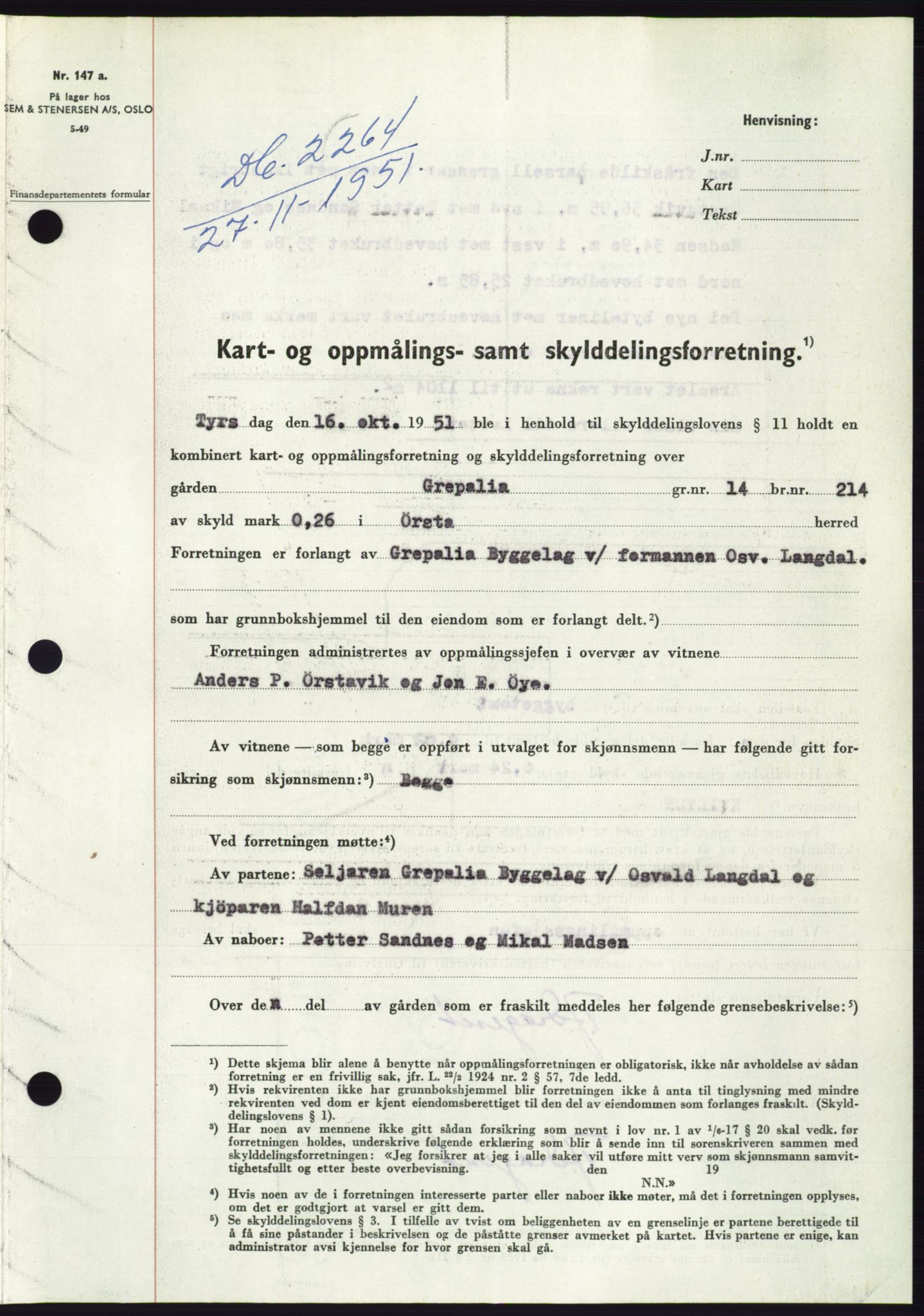 Søre Sunnmøre sorenskriveri, AV/SAT-A-4122/1/2/2C/L0090: Mortgage book no. 16A, 1951-1951, Diary no: : 2264/1951