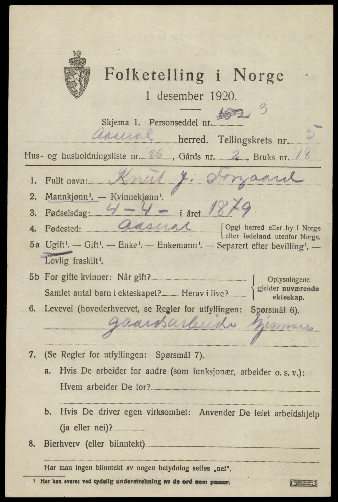 SAK, 1920 census for Åseral, 1920, p. 1766