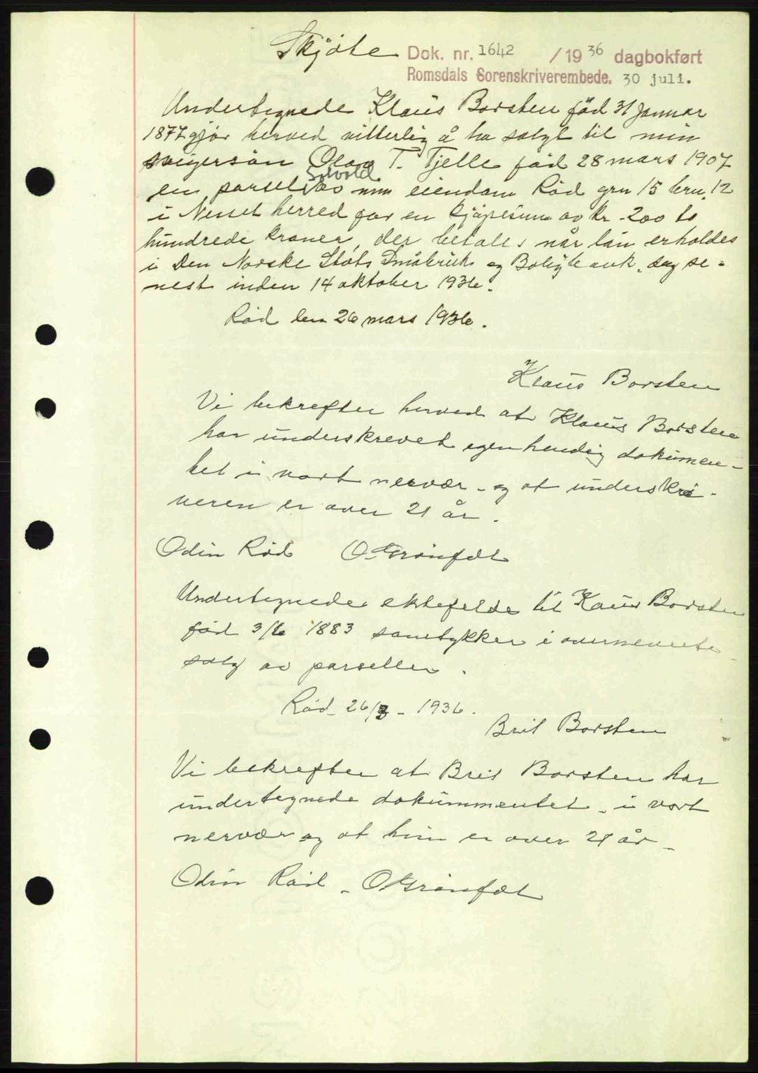 Romsdal sorenskriveri, AV/SAT-A-4149/1/2/2C: Mortgage book no. A1, 1936-1936, Diary no: : 1642/1936