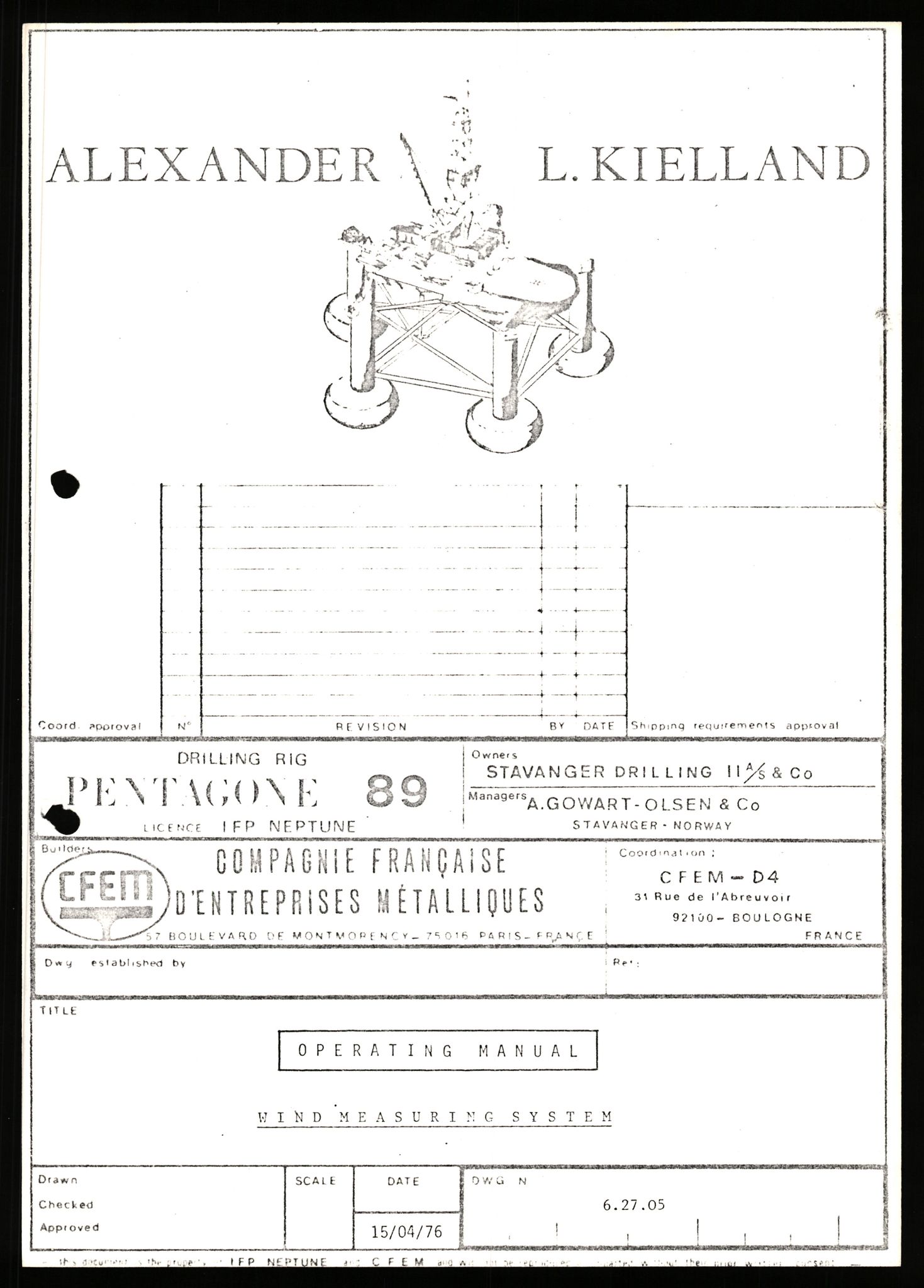 Pa 1503 - Stavanger Drilling AS, AV/SAST-A-101906/2/E/Eb/Ebb/L0006: Alexander L. Kielland plattform - Operation manual, 1976, p. 1