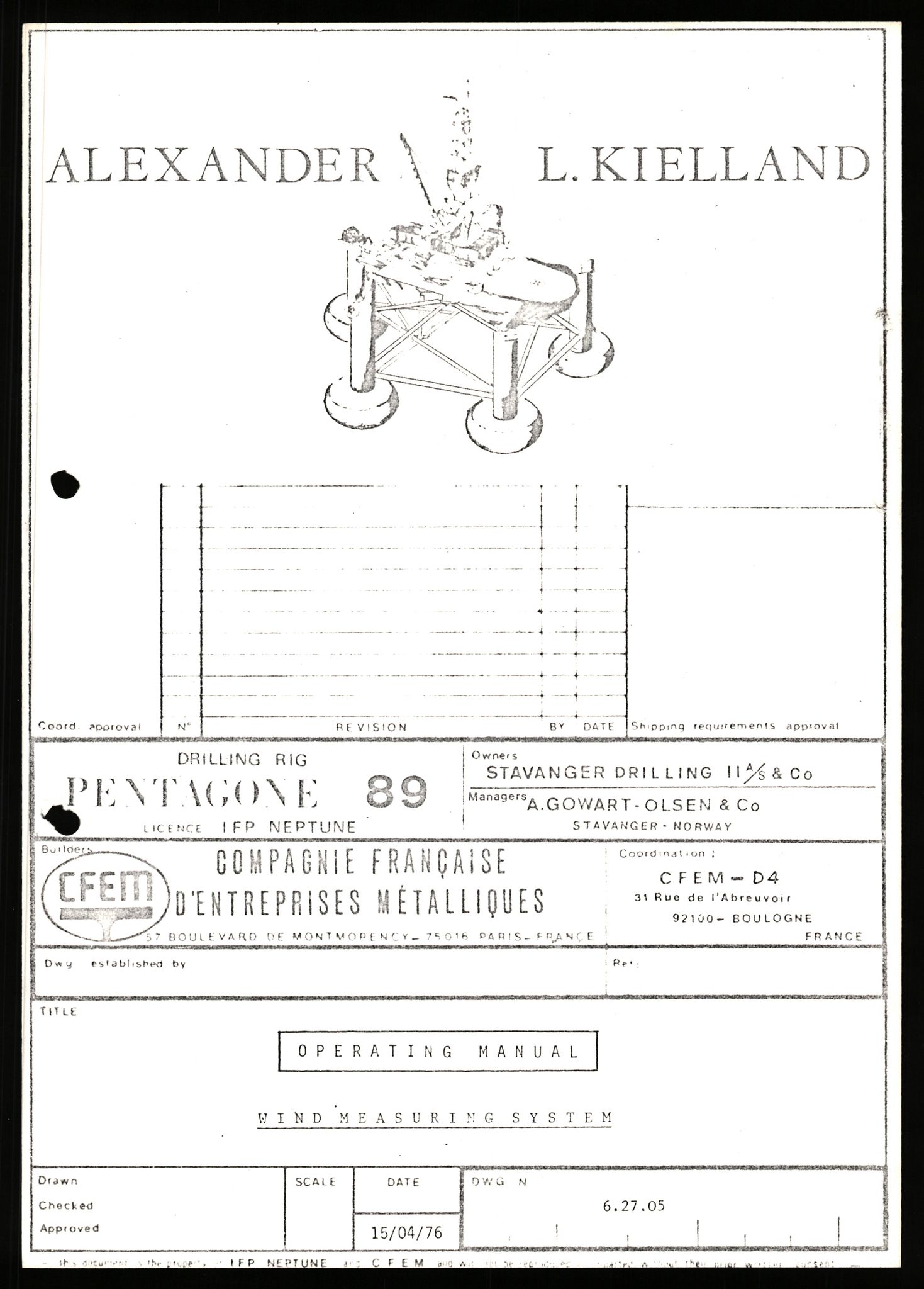 Pa 1503 - Stavanger Drilling AS, SAST/A-101906/2/E/Eb/Ebb/L0006: Alexander L. Kielland plattform - Operation manual, 1976, p. 1