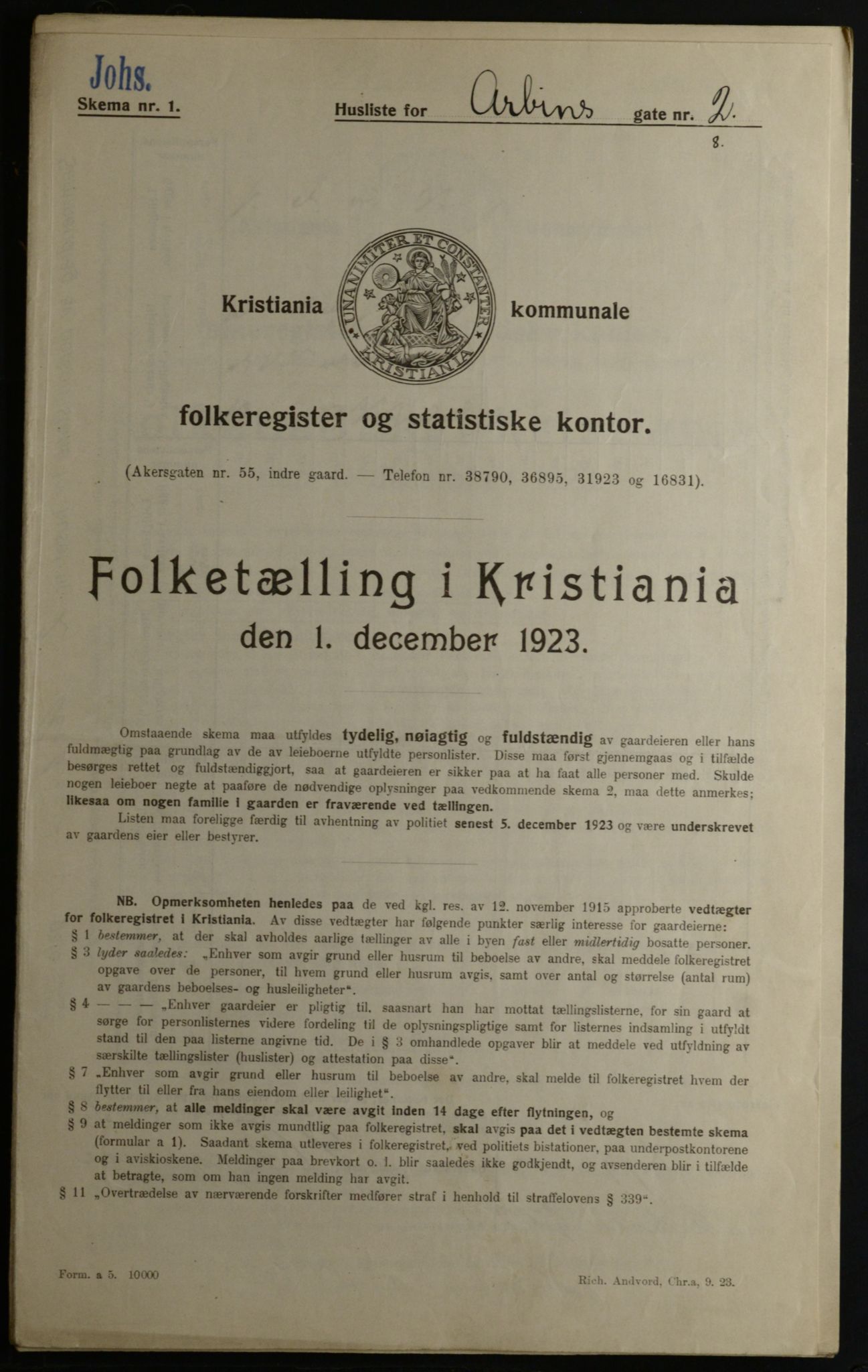 OBA, Municipal Census 1923 for Kristiania, 1923, p. 1745