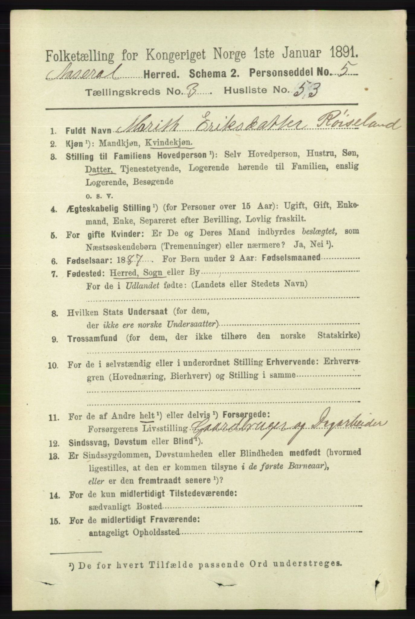 RA, 1891 census for 1026 Åseral, 1891, p. 1115