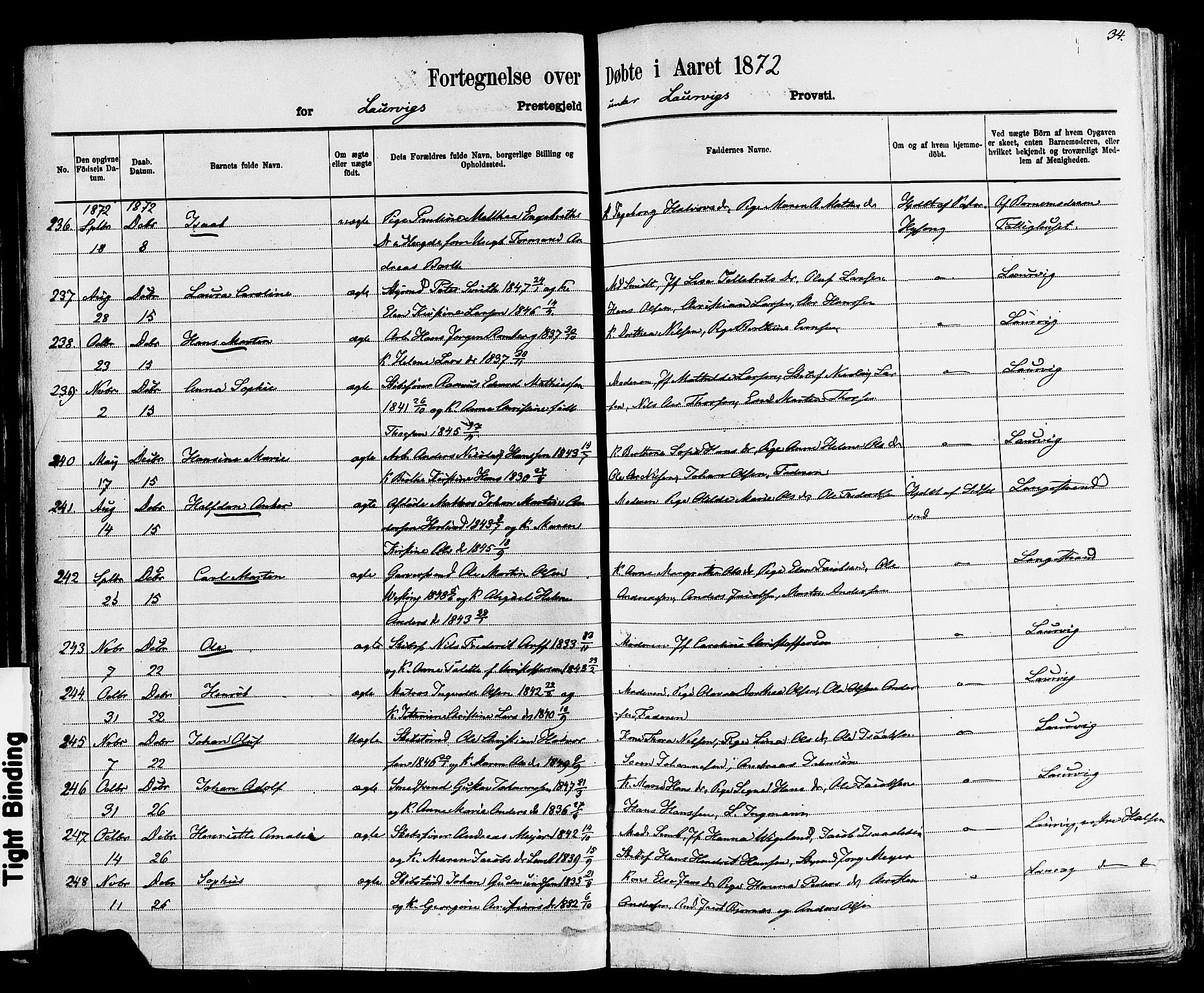 Larvik kirkebøker, AV/SAKO-A-352/F/Fa/L0006: Parish register (official) no. I 6, 1871-1883, p. 34