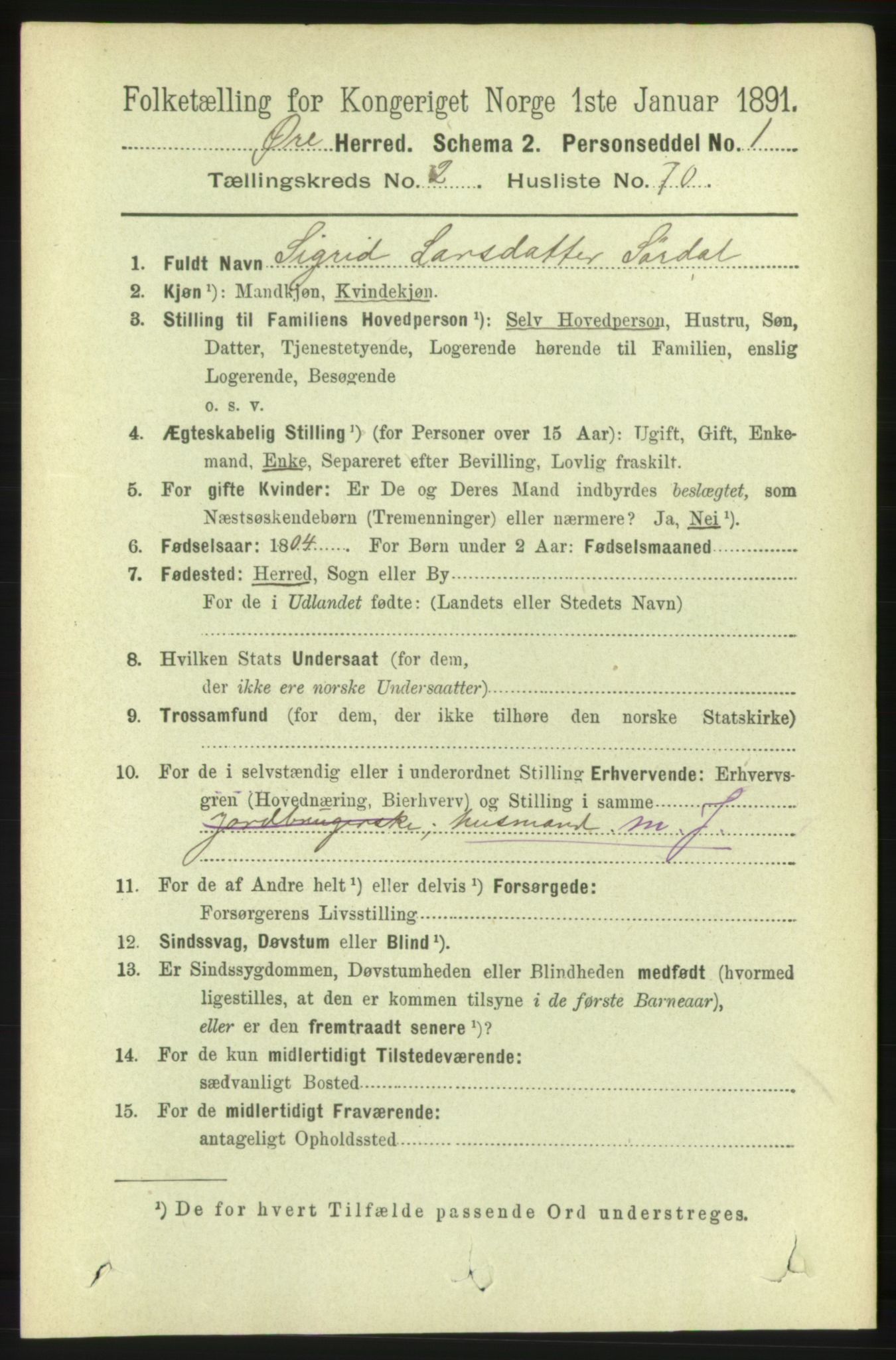 RA, 1891 census for 1558 Øre, 1891, p. 1020