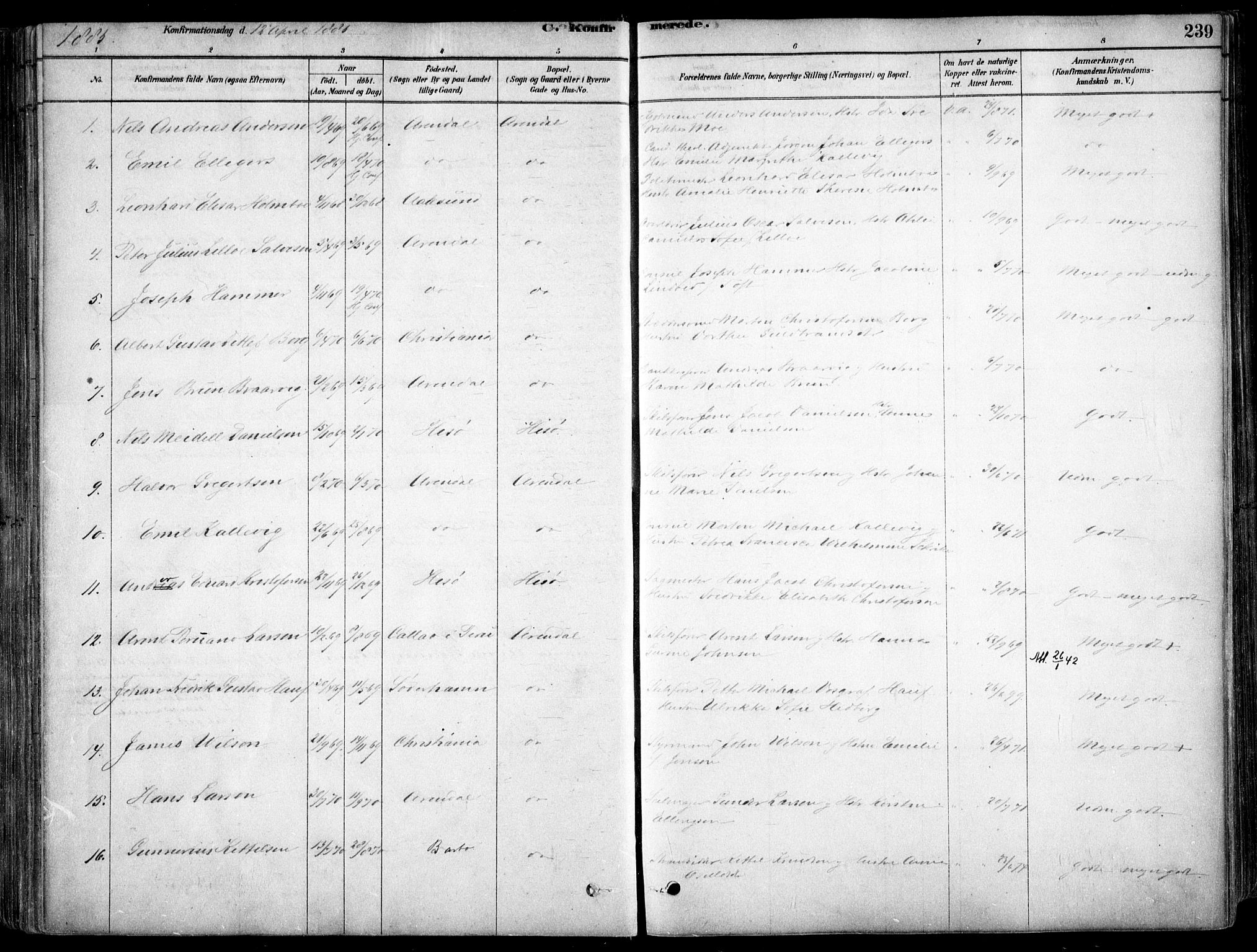 Arendal sokneprestkontor, Trefoldighet, SAK/1111-0040/F/Fa/L0008: Parish register (official) no. A 8, 1878-1899, p. 239