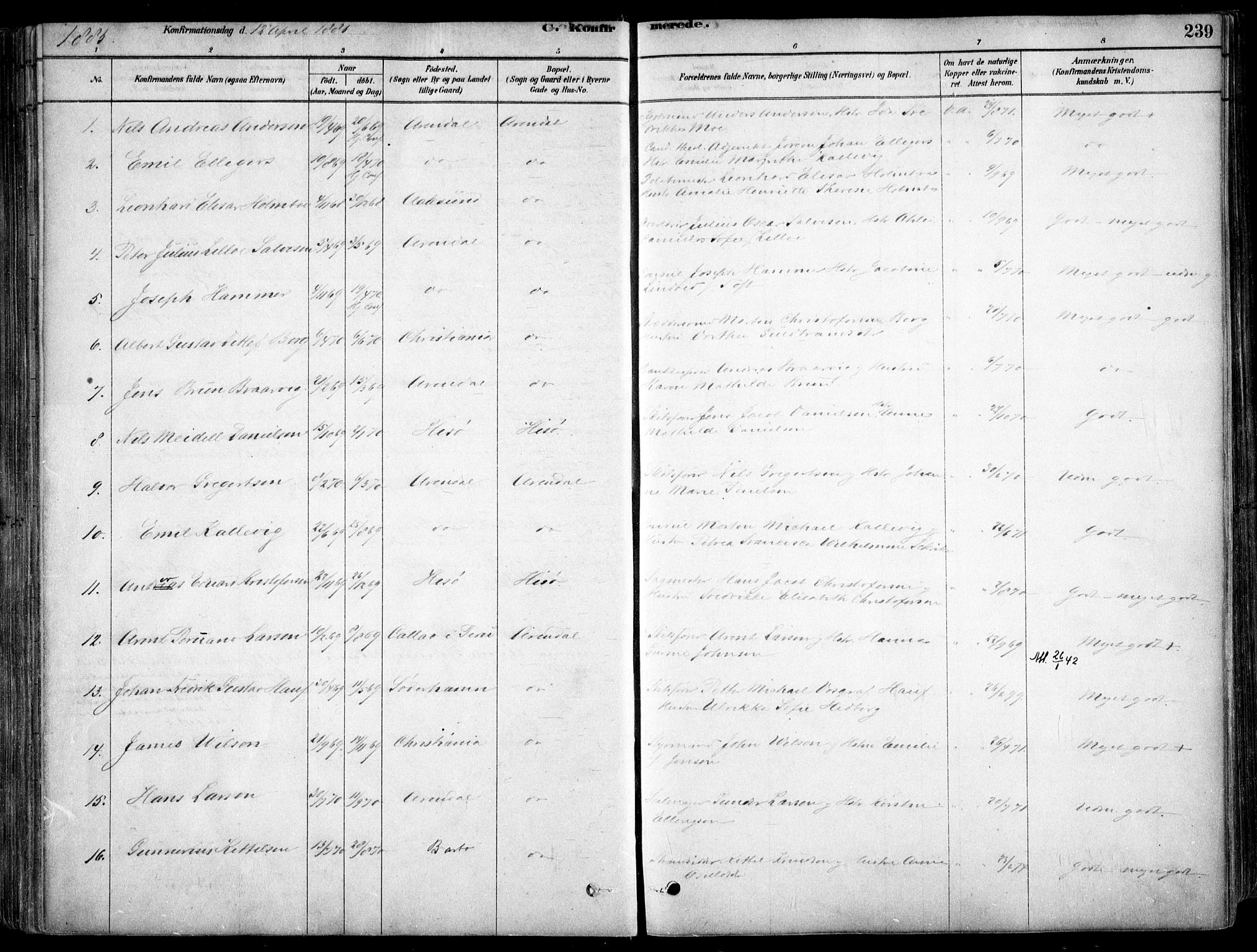 Arendal sokneprestkontor, Trefoldighet, AV/SAK-1111-0040/F/Fa/L0008: Parish register (official) no. A 8, 1878-1899, p. 239