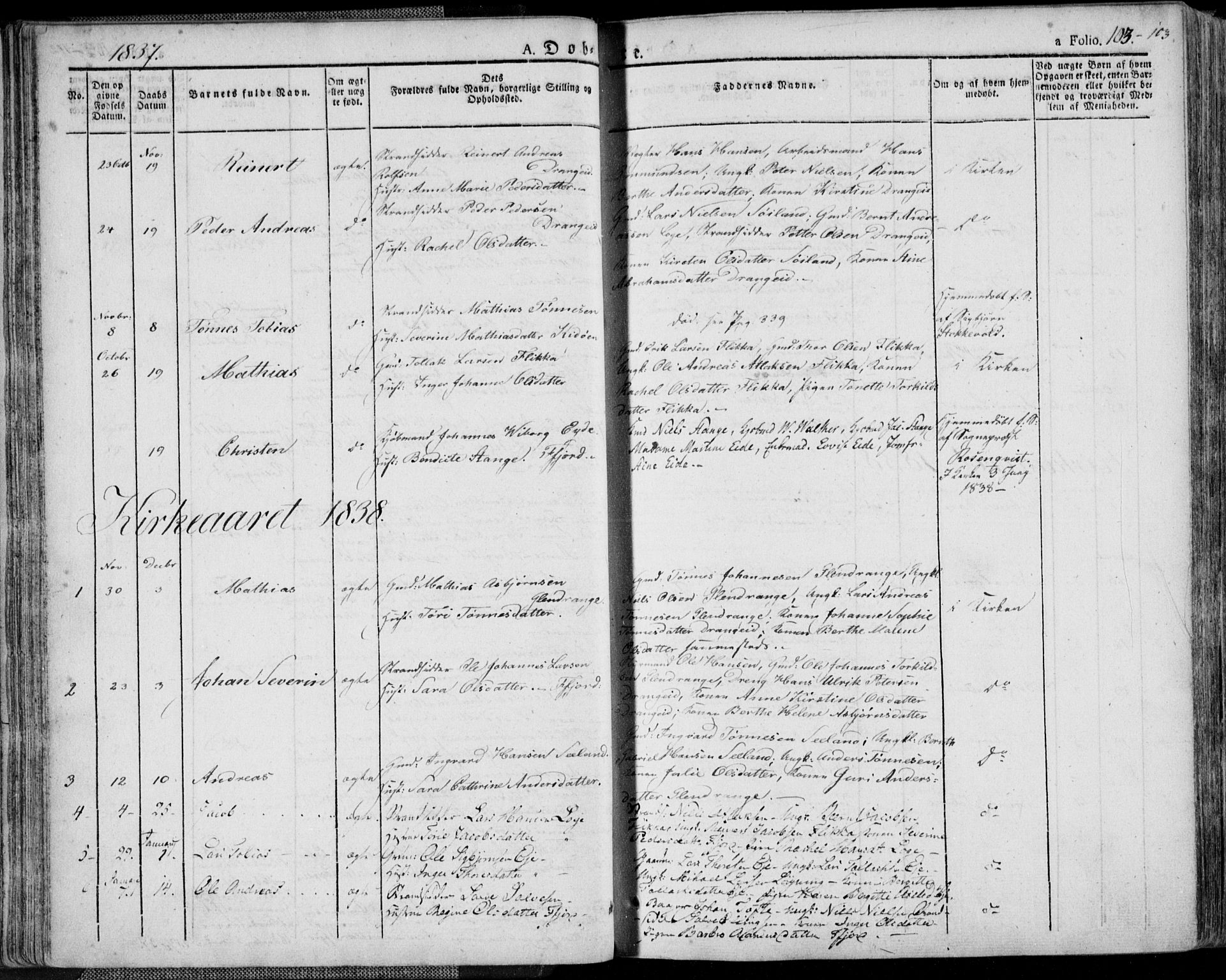 Flekkefjord sokneprestkontor, SAK/1111-0012/F/Fa/Fac/L0003: Parish register (official) no. A 3, 1826-1841, p. 103