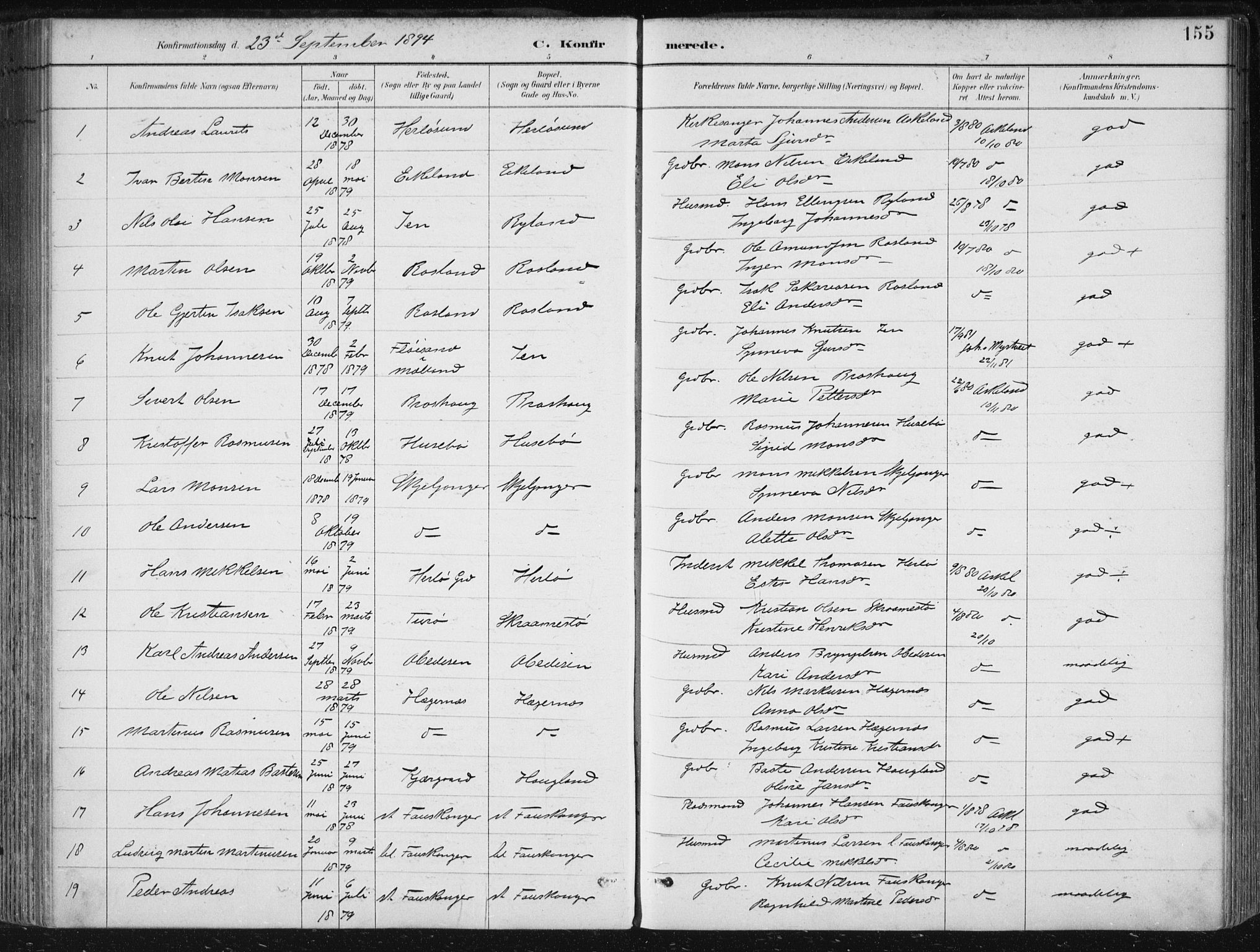 Herdla Sokneprestembete, AV/SAB-A-75701/H/Haa: Parish register (official) no. A 4, 1891-1905, p. 155
