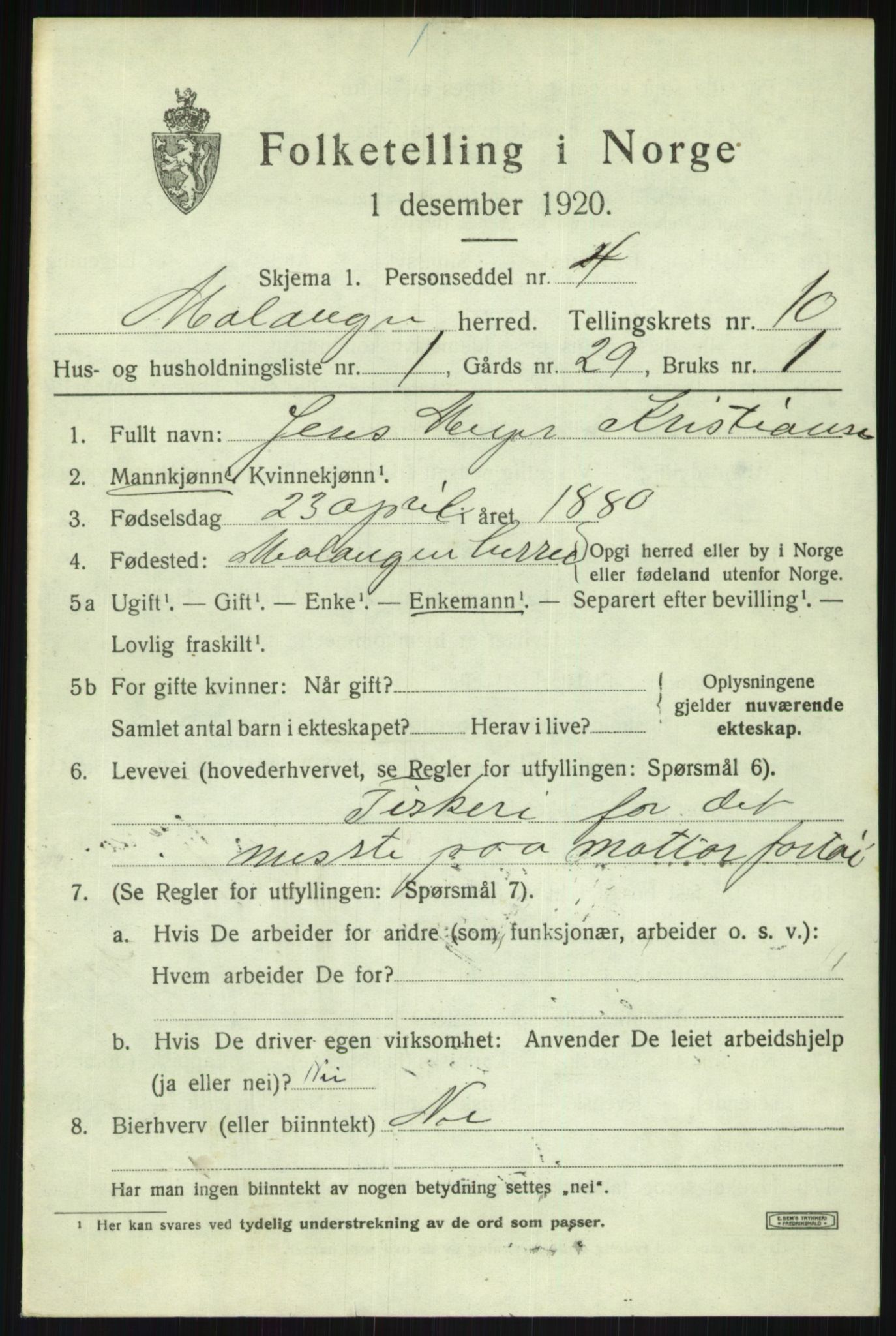 SATØ, 1920 census for Malangen, 1920, p. 3865