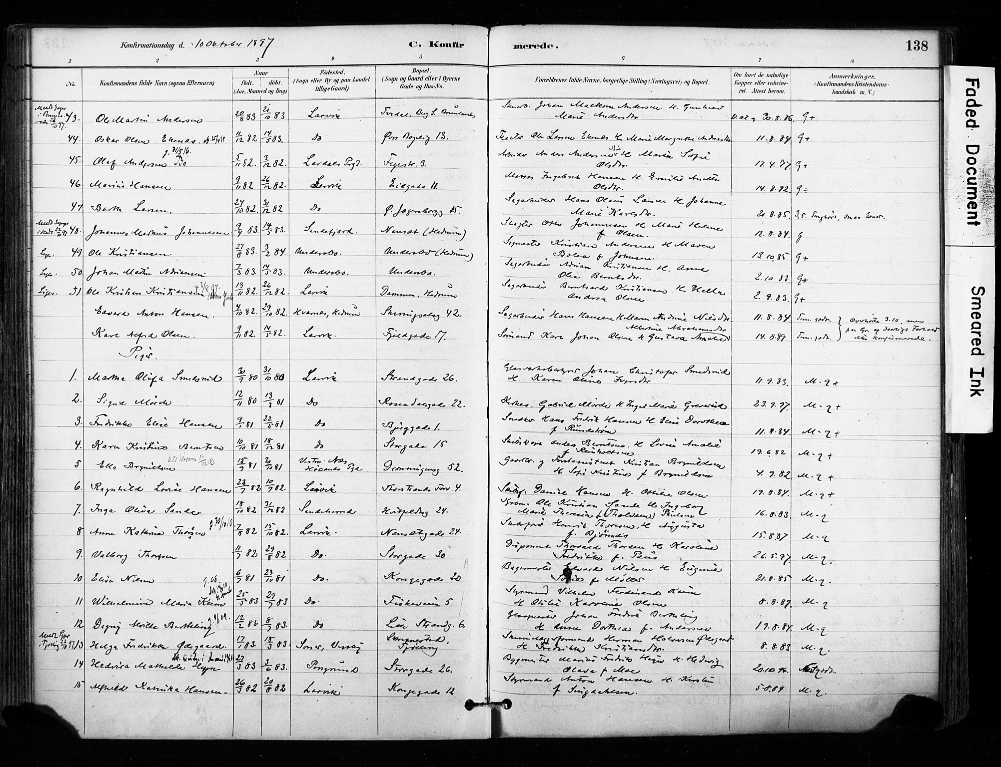 Larvik kirkebøker, AV/SAKO-A-352/F/Fa/L0008: Parish register (official) no. I 8, 1884-1902, p. 138