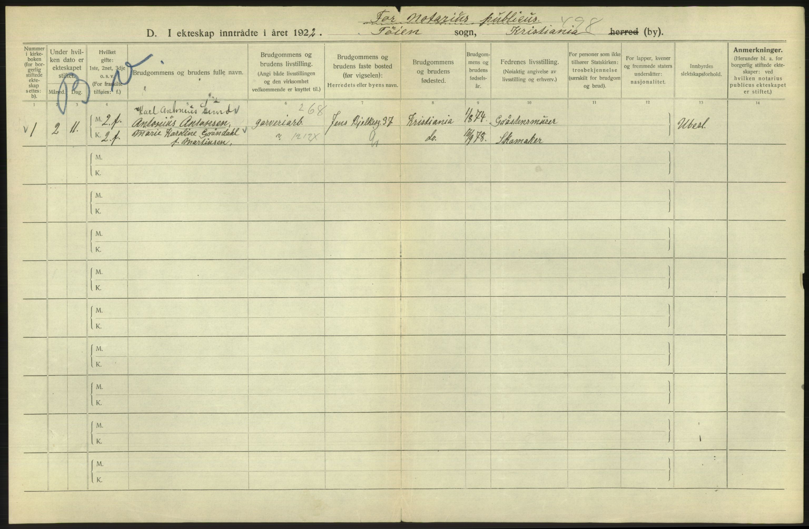 Statistisk sentralbyrå, Sosiodemografiske emner, Befolkning, AV/RA-S-2228/D/Df/Dfc/Dfcb/L0008: Kristiania: Gifte, 1922, p. 220