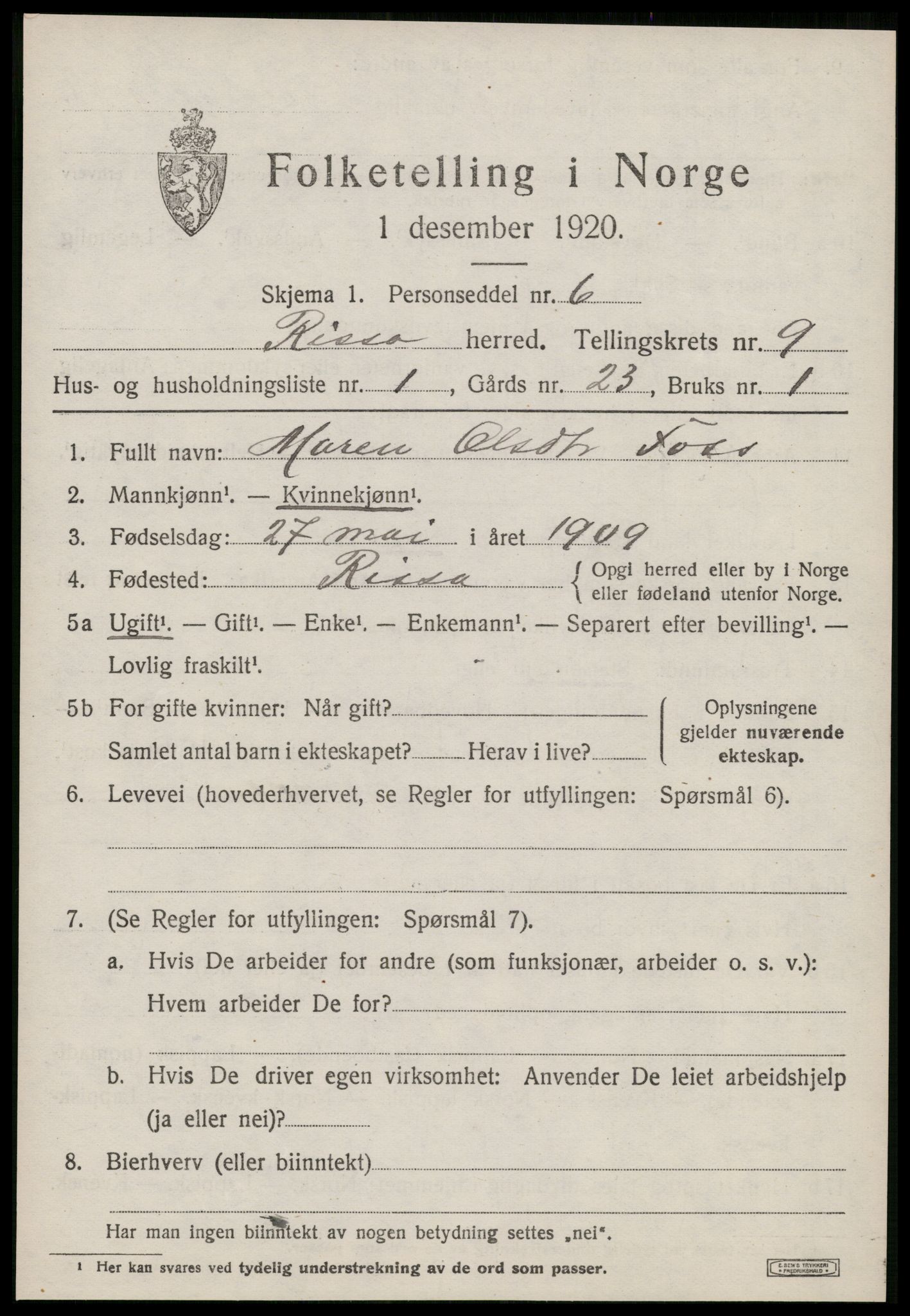 SAT, 1920 census for Rissa, 1920, p. 5959