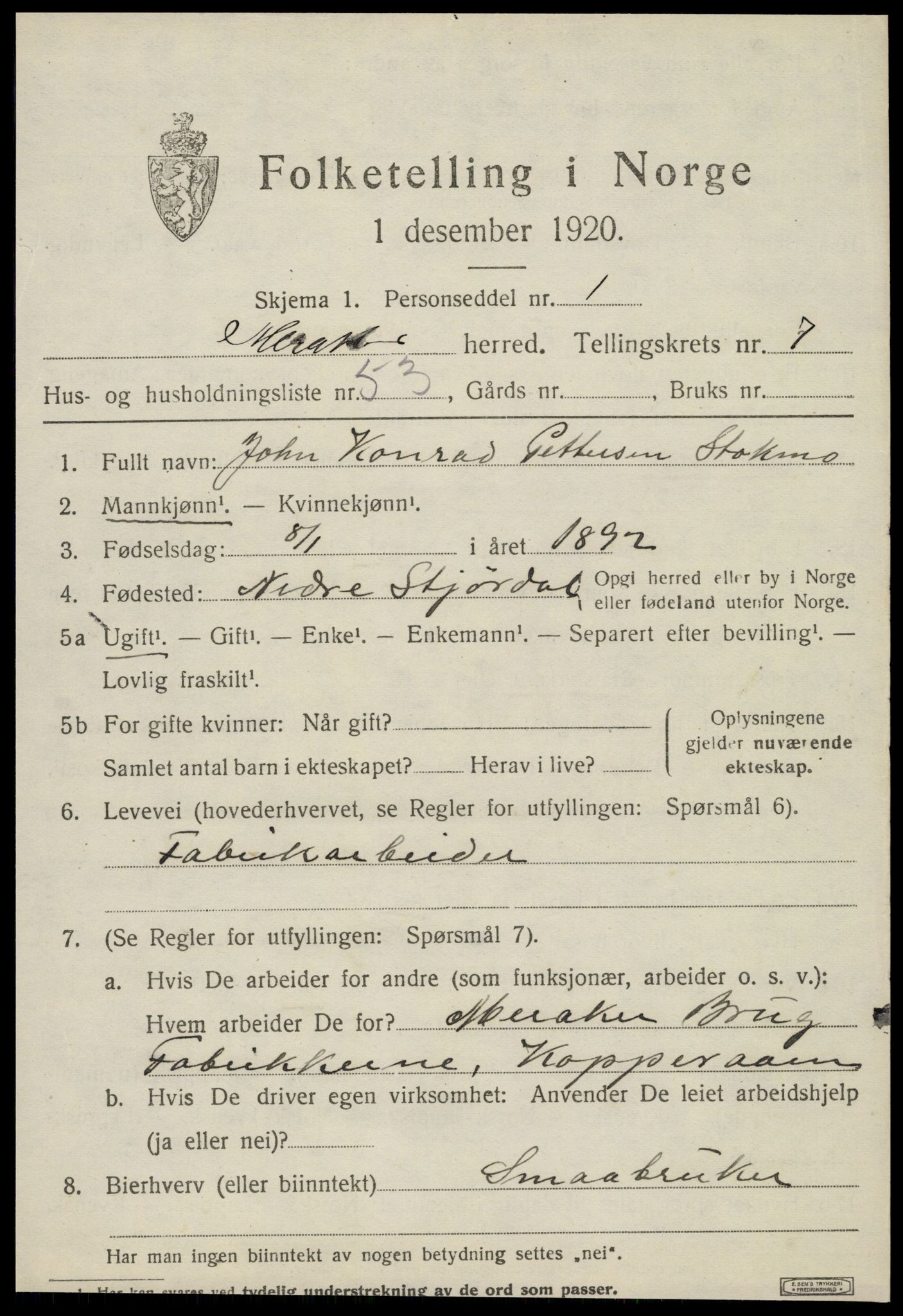 SAT, 1920 census for Meråker, 1920, p. 5970