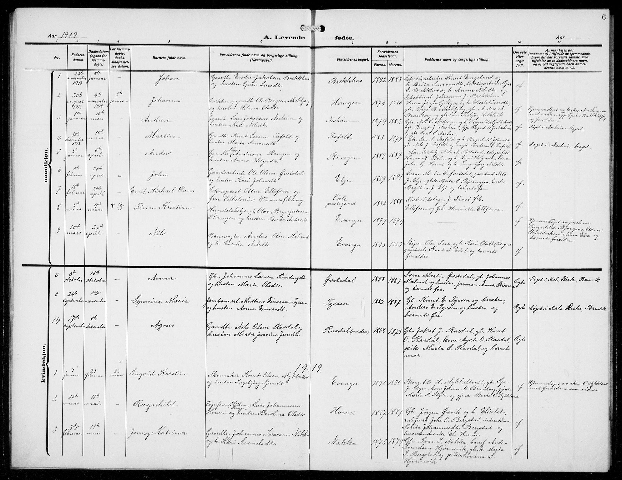 Evanger sokneprestembete, SAB/A-99924: Parish register (copy) no. A 6, 1918-1941, p. 6