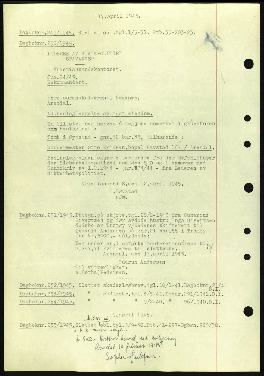 Nedenes sorenskriveri, SAK/1221-0006/G/Gb/Gba/L0052: Mortgage book no. A6a, 1944-1945, Diary no: : 249/1945