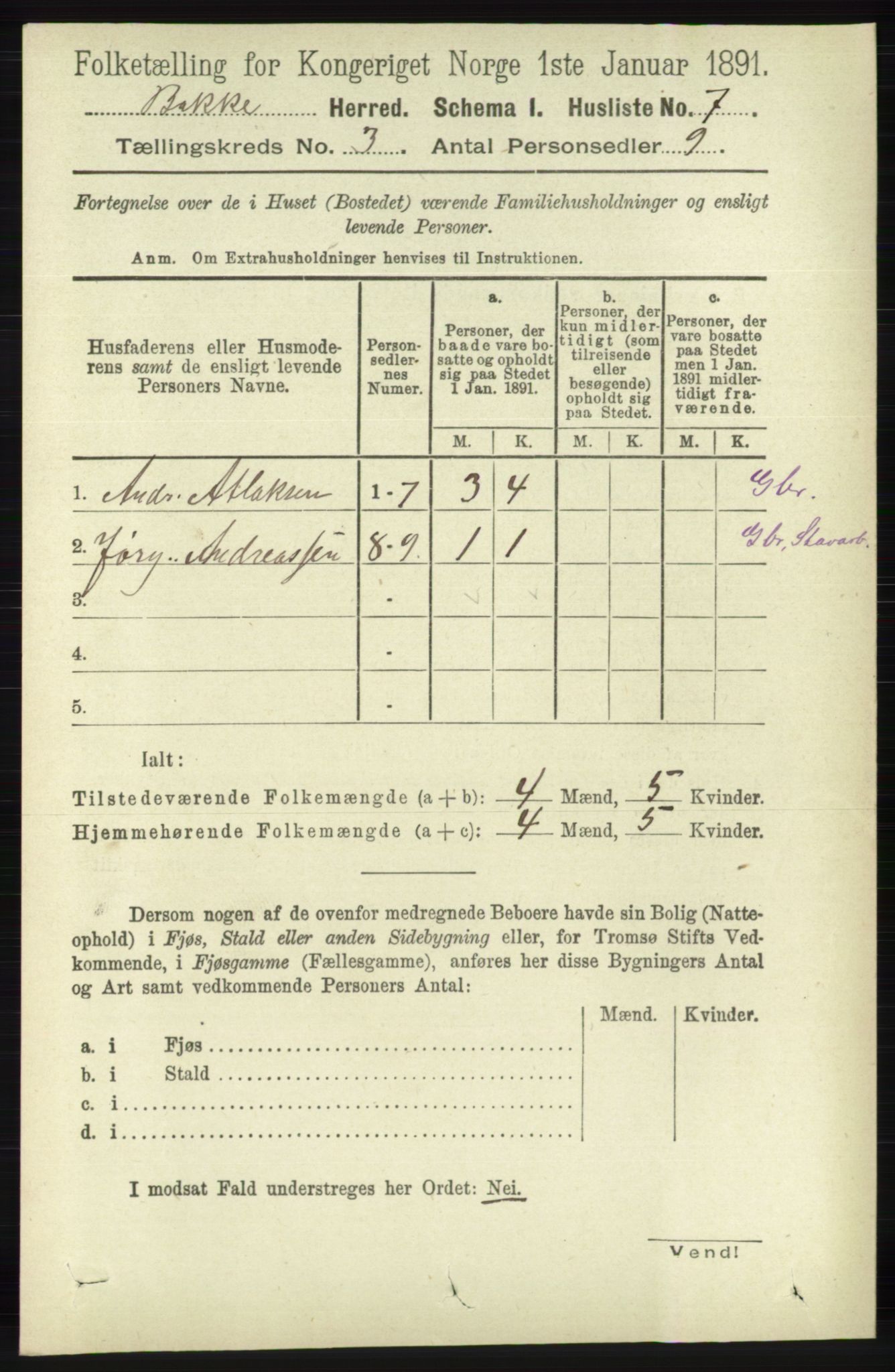RA, 1891 census for 1045 Bakke, 1891, p. 395