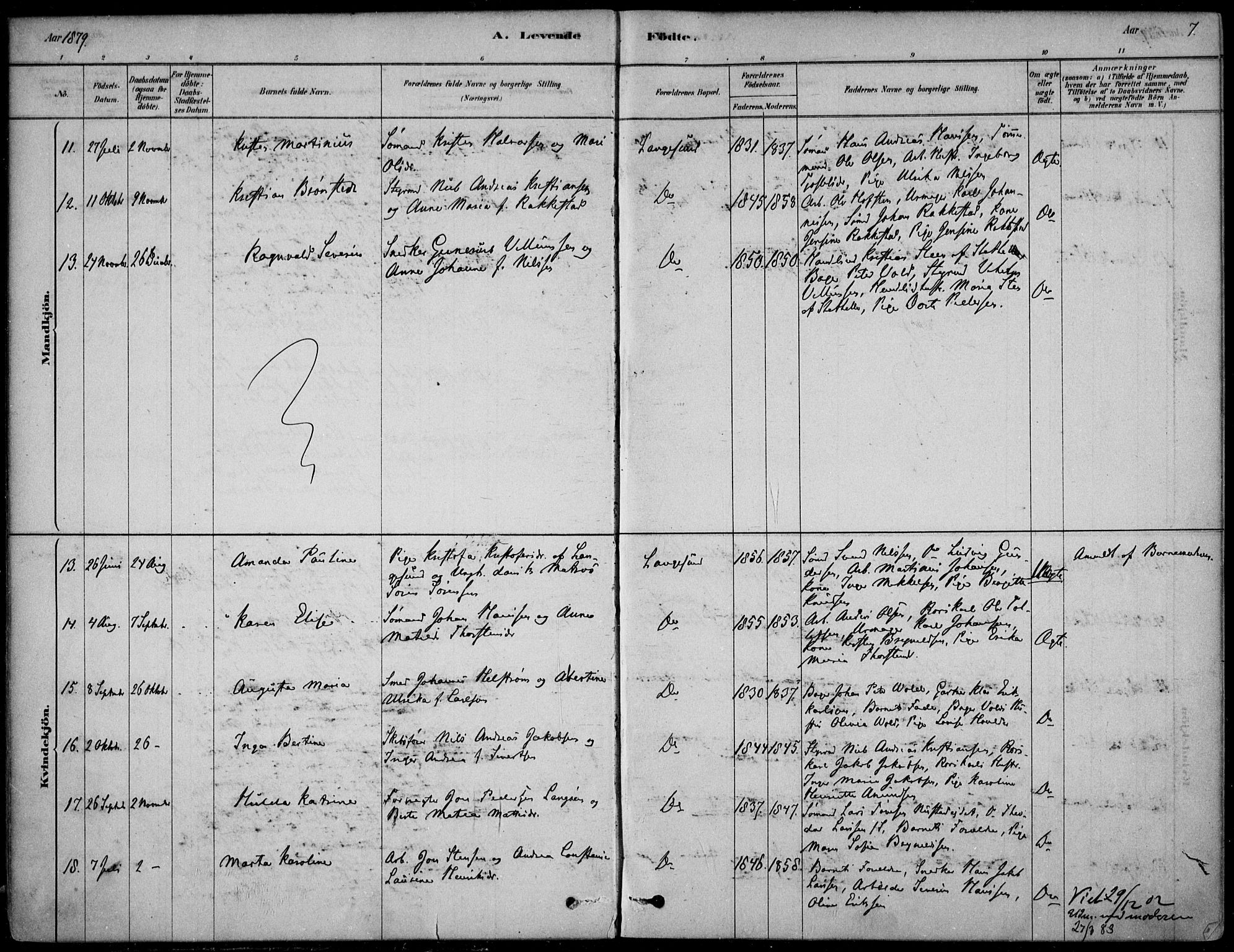 Langesund kirkebøker, AV/SAKO-A-280/F/Fa/L0002: Parish register (official) no. 2, 1878-1892, p. 7