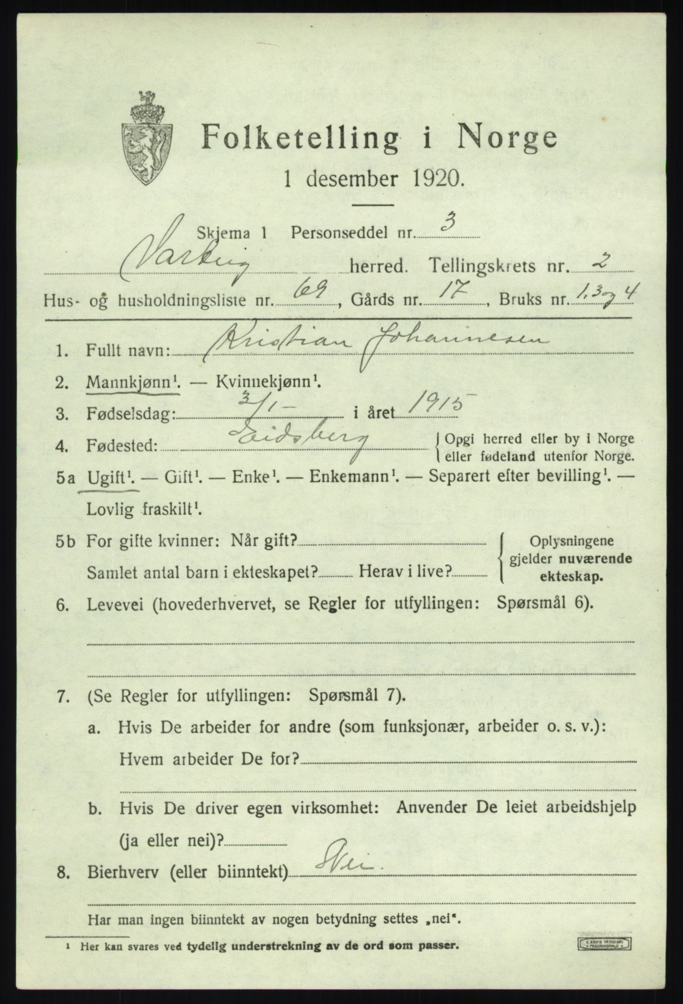 SAO, 1920 census for Varteig, 1920, p. 1943