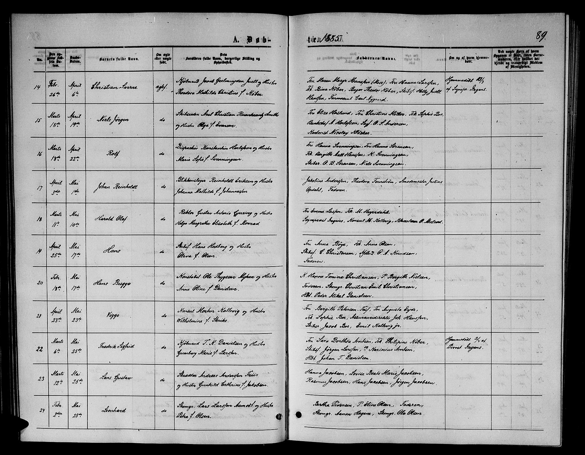 Arendal sokneprestkontor, Trefoldighet, SAK/1111-0040/F/Fb/L0005: Parish register (copy) no. B 5, 1874-1888, p. 89