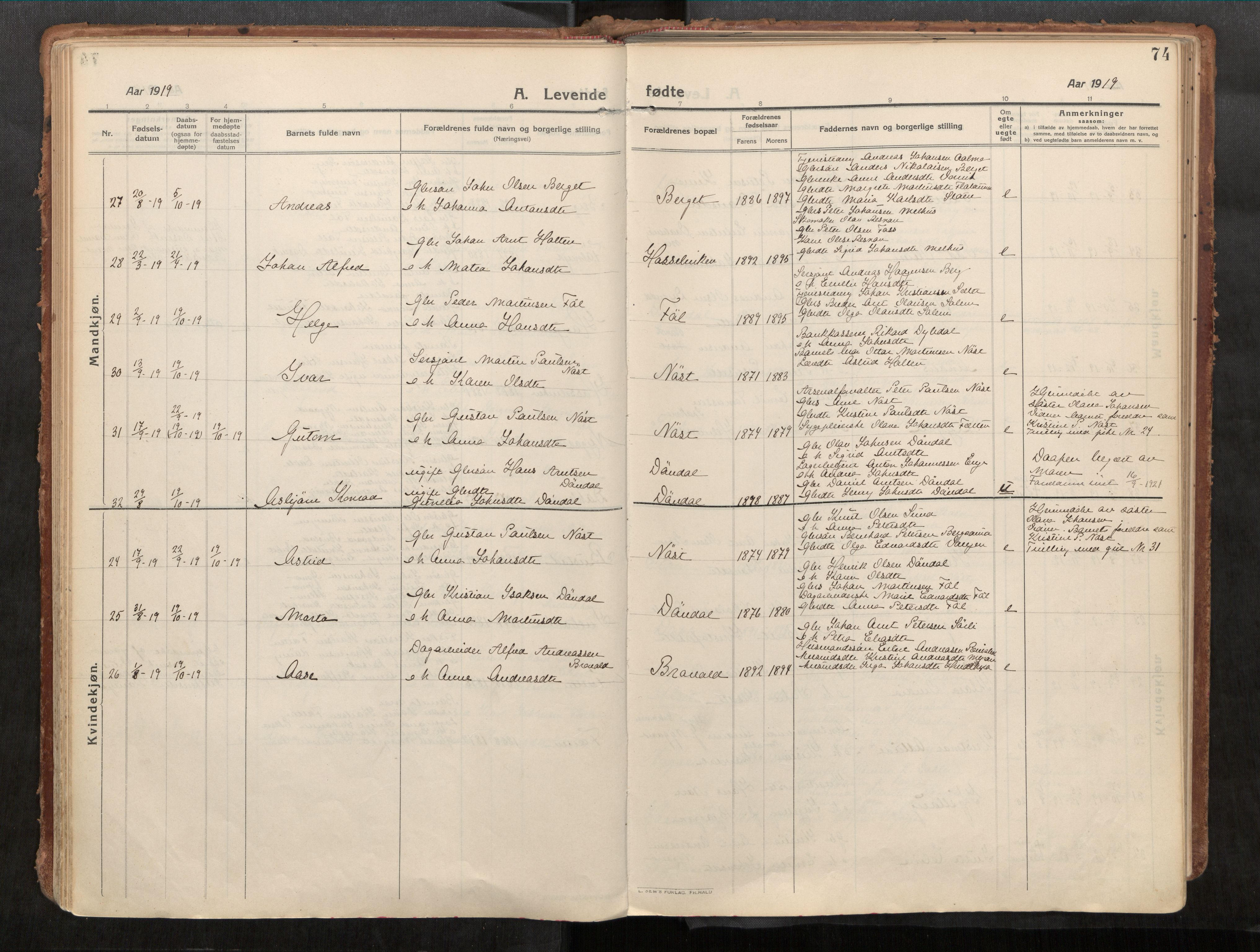 Stadsbygd sokneprestkontor, AV/SAT-A-1117/1/I/I1/I1a/L0001: Parish register (official) no. 1, 1911-1929, p. 74