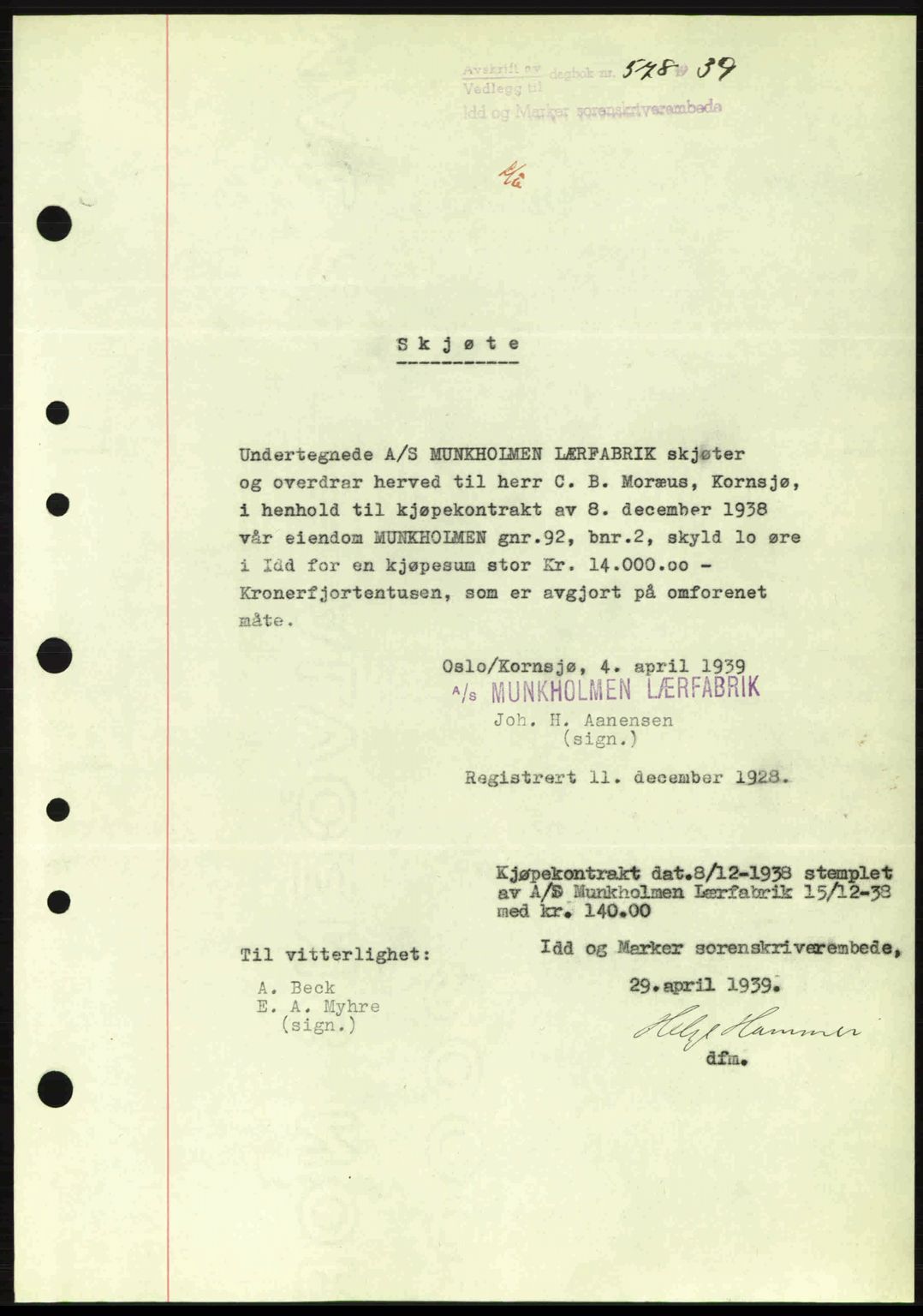 Idd og Marker sorenskriveri, AV/SAO-A-10283/G/Gb/Gbb/L0003: Mortgage book no. A3, 1938-1939, Diary no: : 578/1939