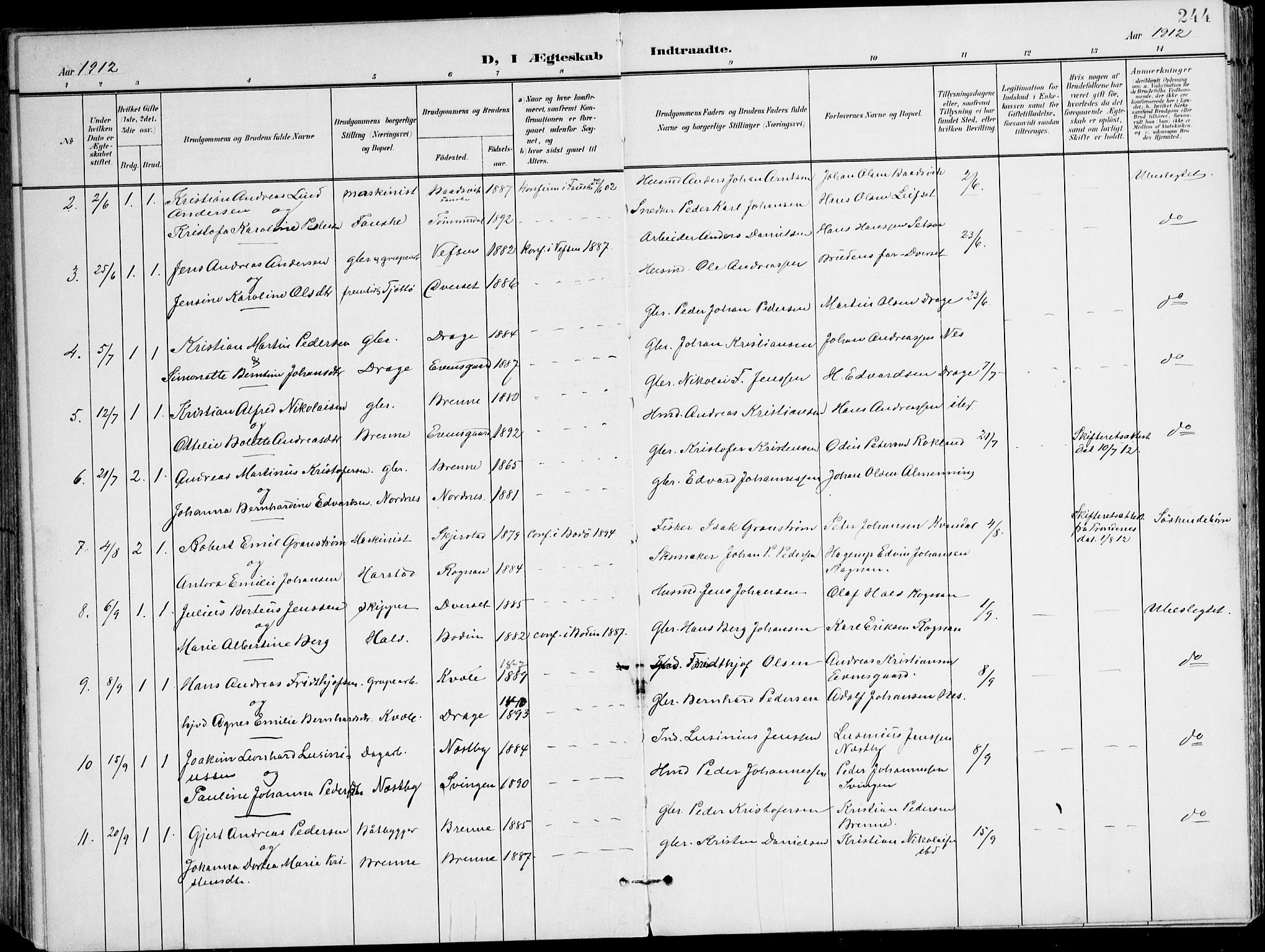 Ministerialprotokoller, klokkerbøker og fødselsregistre - Nordland, SAT/A-1459/847/L0672: Parish register (official) no. 847A12, 1902-1919, p. 244
