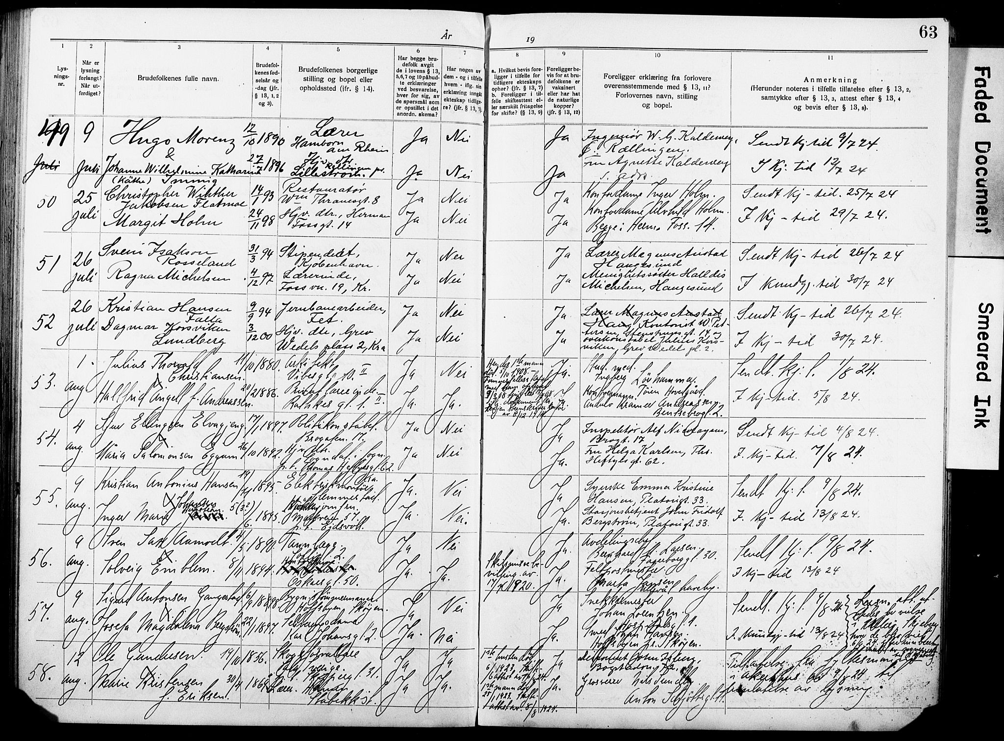 Oslo domkirke Kirkebøker, AV/SAO-A-10752/H/Ha/L0006: Banns register no. 6, 1919-1928, p. 63