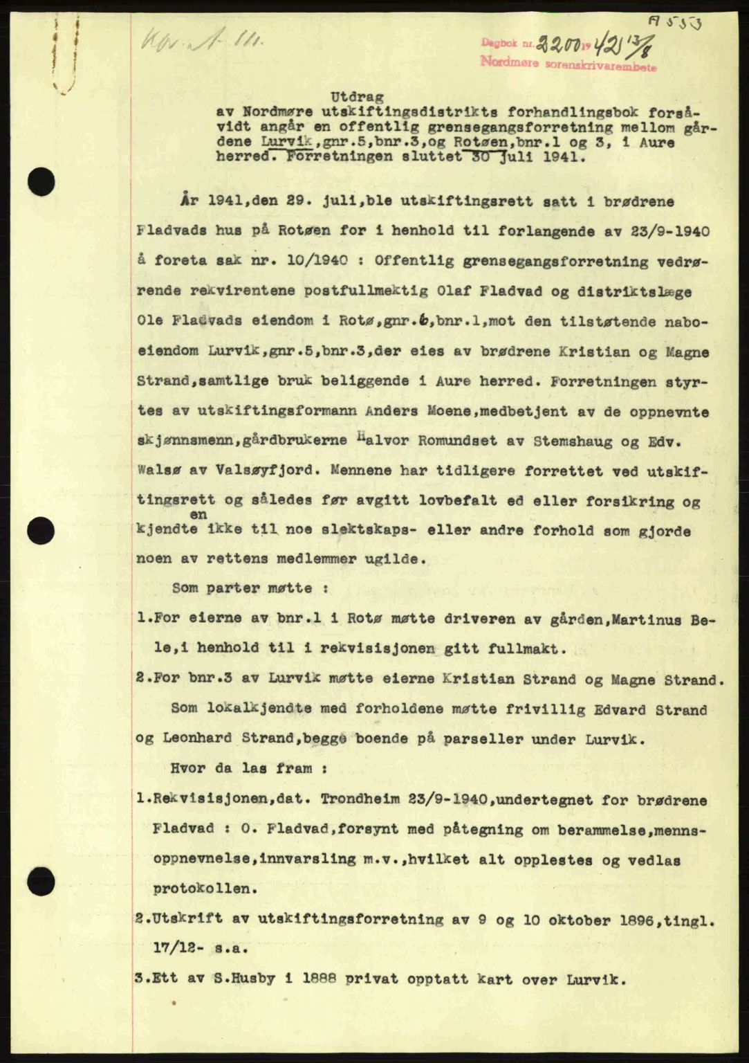 Nordmøre sorenskriveri, AV/SAT-A-4132/1/2/2Ca: Mortgage book no. A93, 1942-1942, Diary no: : 2200/1942