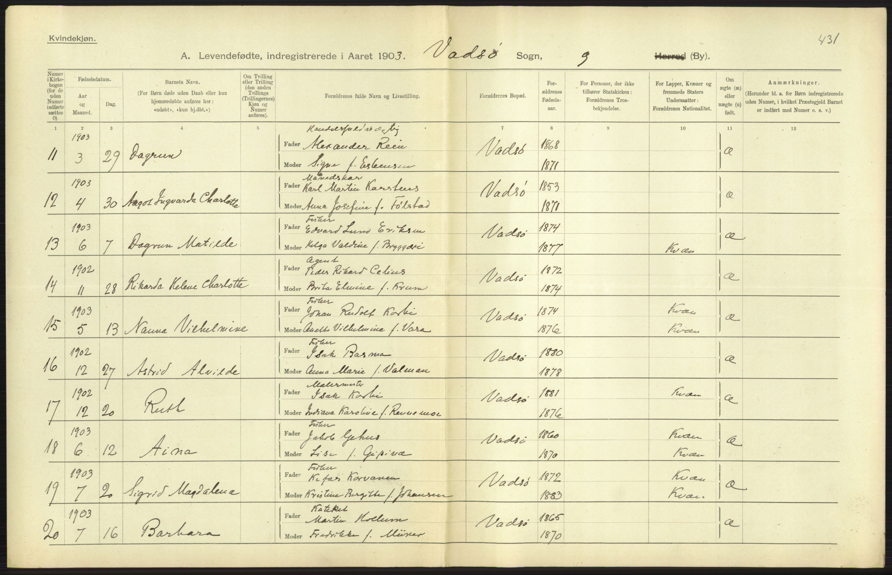 Statistisk sentralbyrå, Sosiodemografiske emner, Befolkning, AV/RA-S-2228/D/Df/Dfa/Dfaa/L0022: Finnmarkens amt: Fødte, gifte, døde., 1903, p. 129